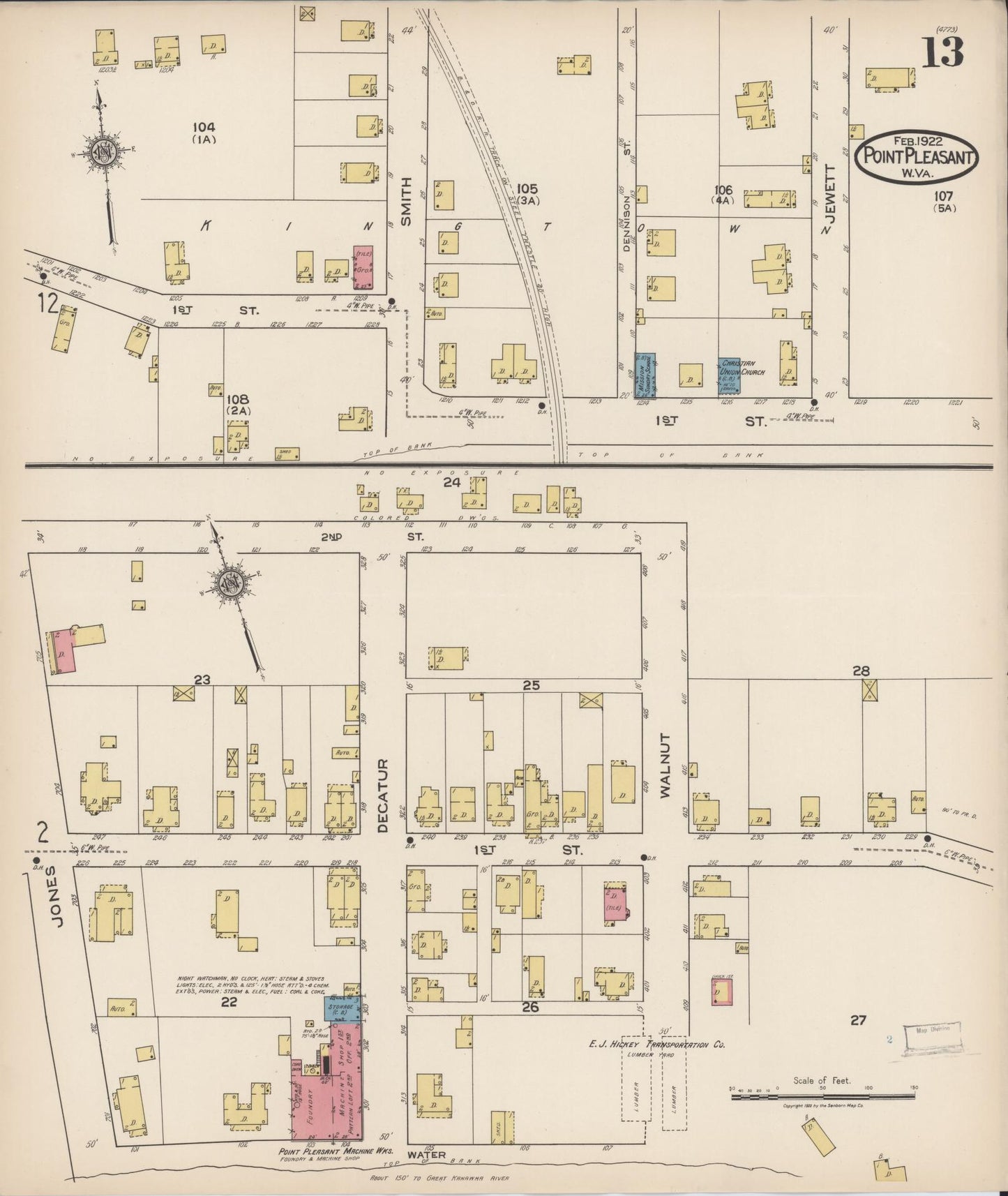 Sanborn Fire Insurance Map from Point Pleasant, Mason County, West Virginia (1922), Sheet #0013 - Historic Sanborn Fire Insurance Map Print, vintage old map wall art, antique decor, genealogy gift, West Virginia West Virginia map