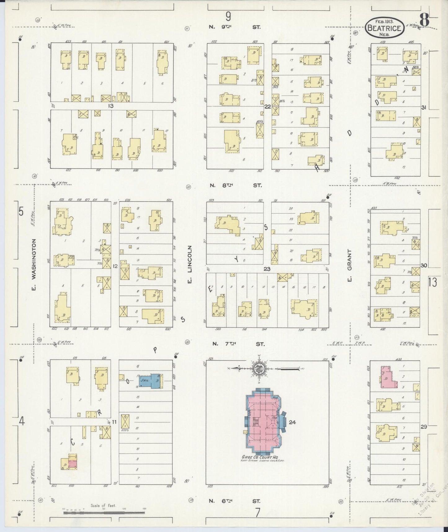 Sanborn Fire Insurance Map from Beatrice, Gage County, Nebraska (1913), Sheet #0008 - Historic Sanborn Fire Insurance Map Print, vintage old map wall art, antique decor, genealogy gift, Nebraska Nebraska map