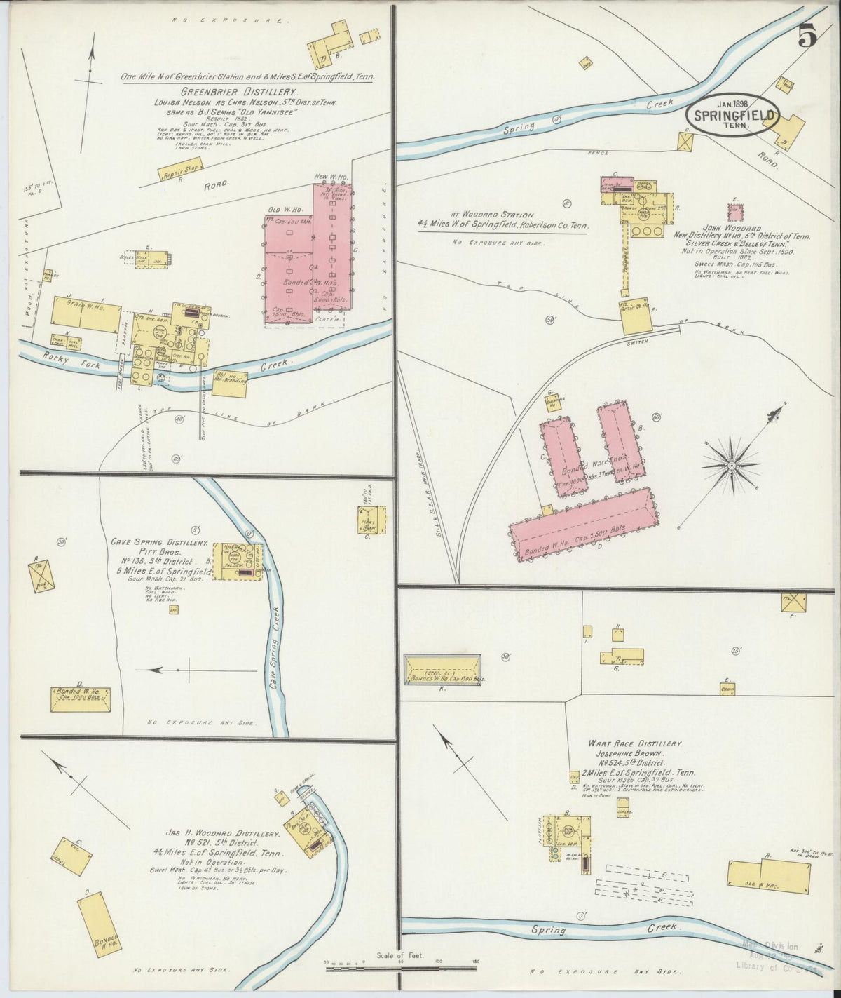 Sanborn Fire Insurance Map from Springfield, Robertson County, Tennessee (1898), Sheet #0005 - Historic Sanborn Fire Insurance Map Print, vintage old map wall art, antique decor, genealogy gift, Tennessee Tennessee map