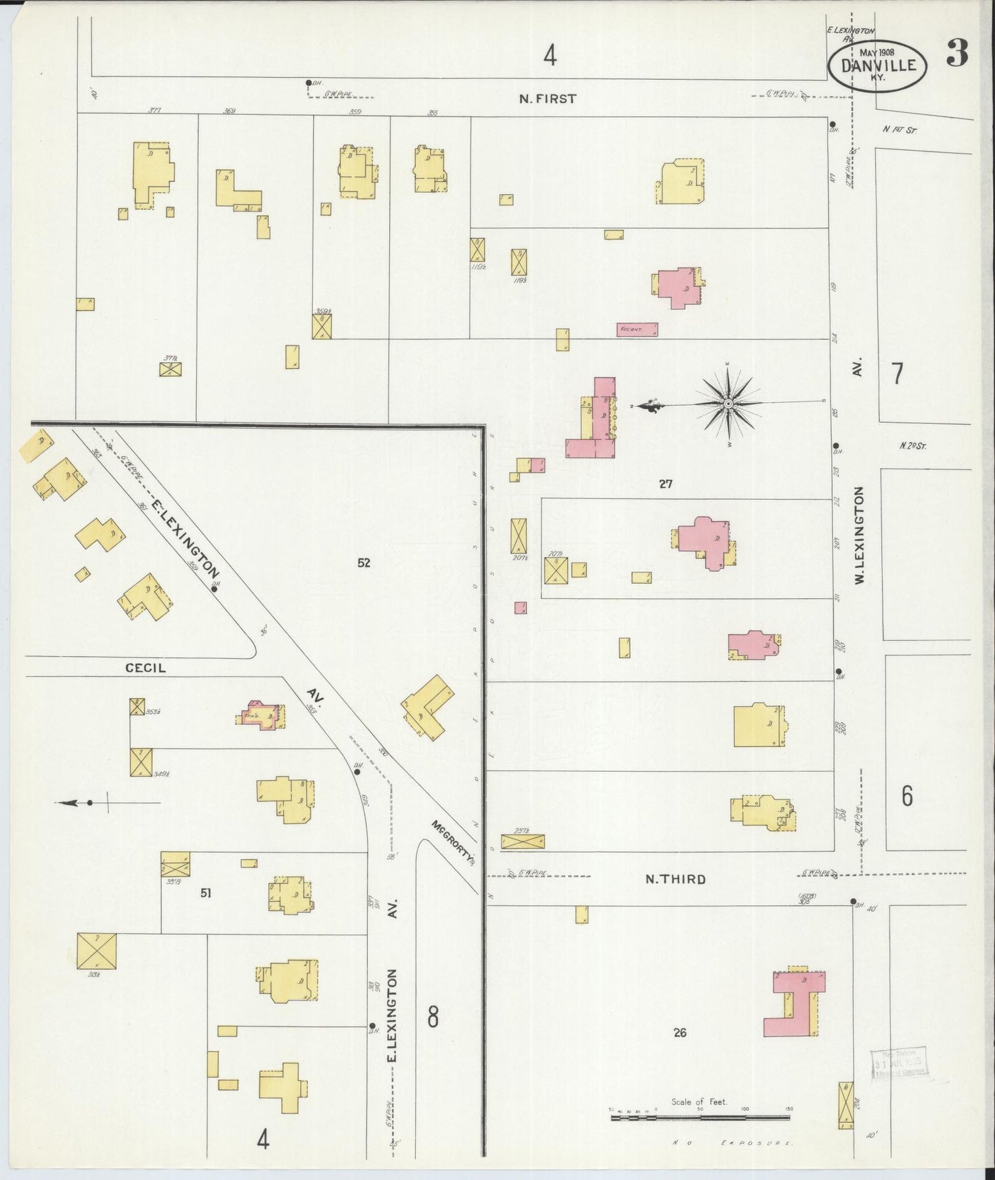 Sanborn Fire Insurance Map from Danville, Boyle County, Kentucky (1908), Sheet #0003 - Historic Sanborn Fire Insurance Map Print, vintage old map wall art, antique decor, genealogy gift, Kentucky Kentucky map