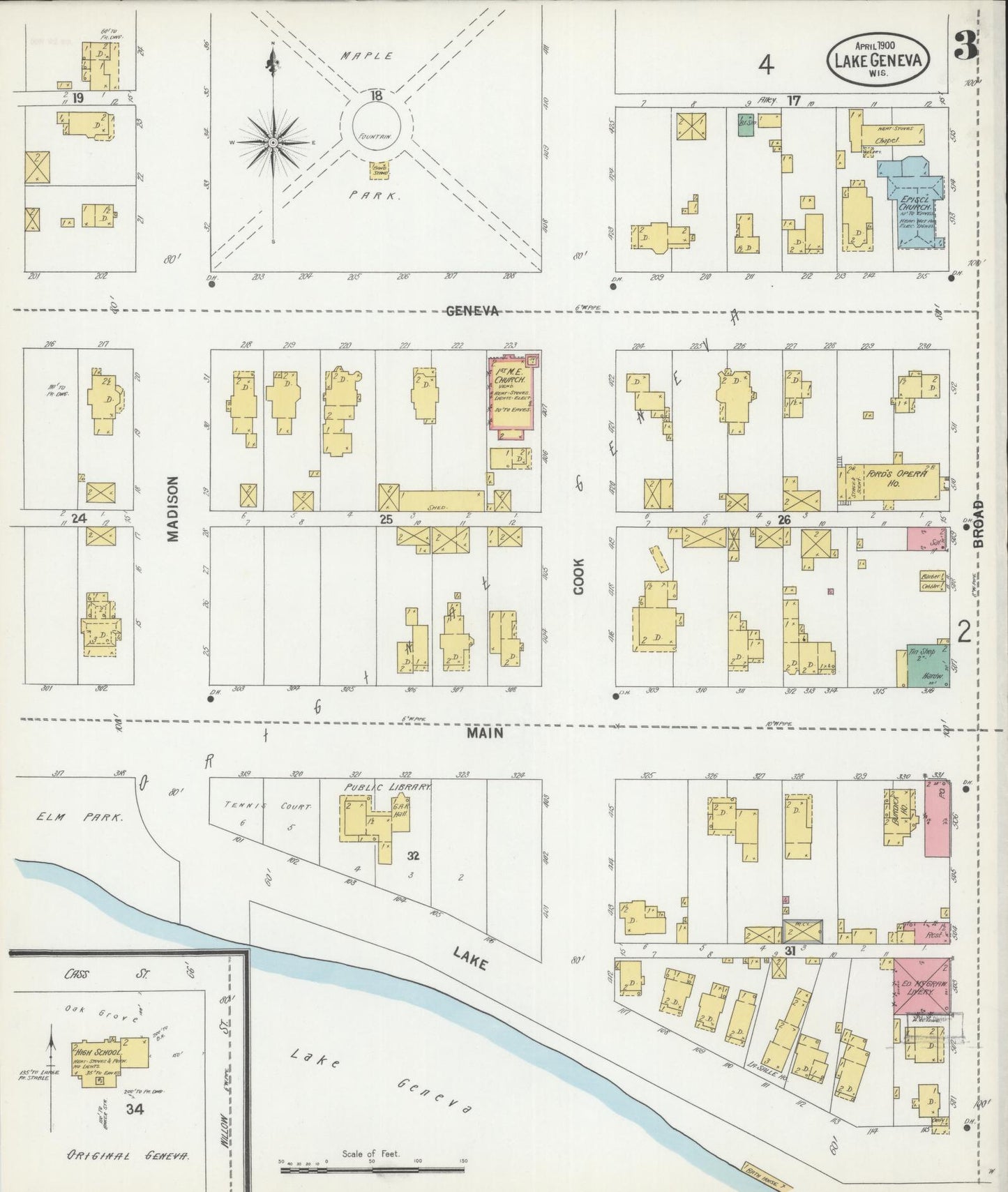 Sanborn Fire Insurance Map from Lake Geneva, Walworth County, Wisconsin (1900), Sheet #0003 - Historic Sanborn Fire Insurance Map Print, vintage old map wall art, antique decor, genealogy gift, Wisconsin Wisconsin map