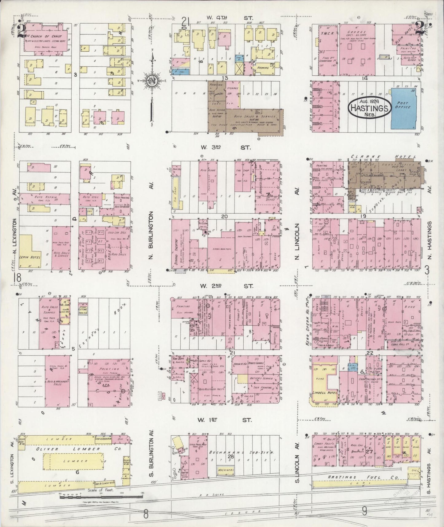 Sanborn Fire Insurance Map from Hastings, Adams County, Nebraska (1924), Sheet #0002 - Historic Sanborn Fire Insurance Map Print, vintage old map wall art, antique decor, genealogy gift, Nebraska Nebraska map