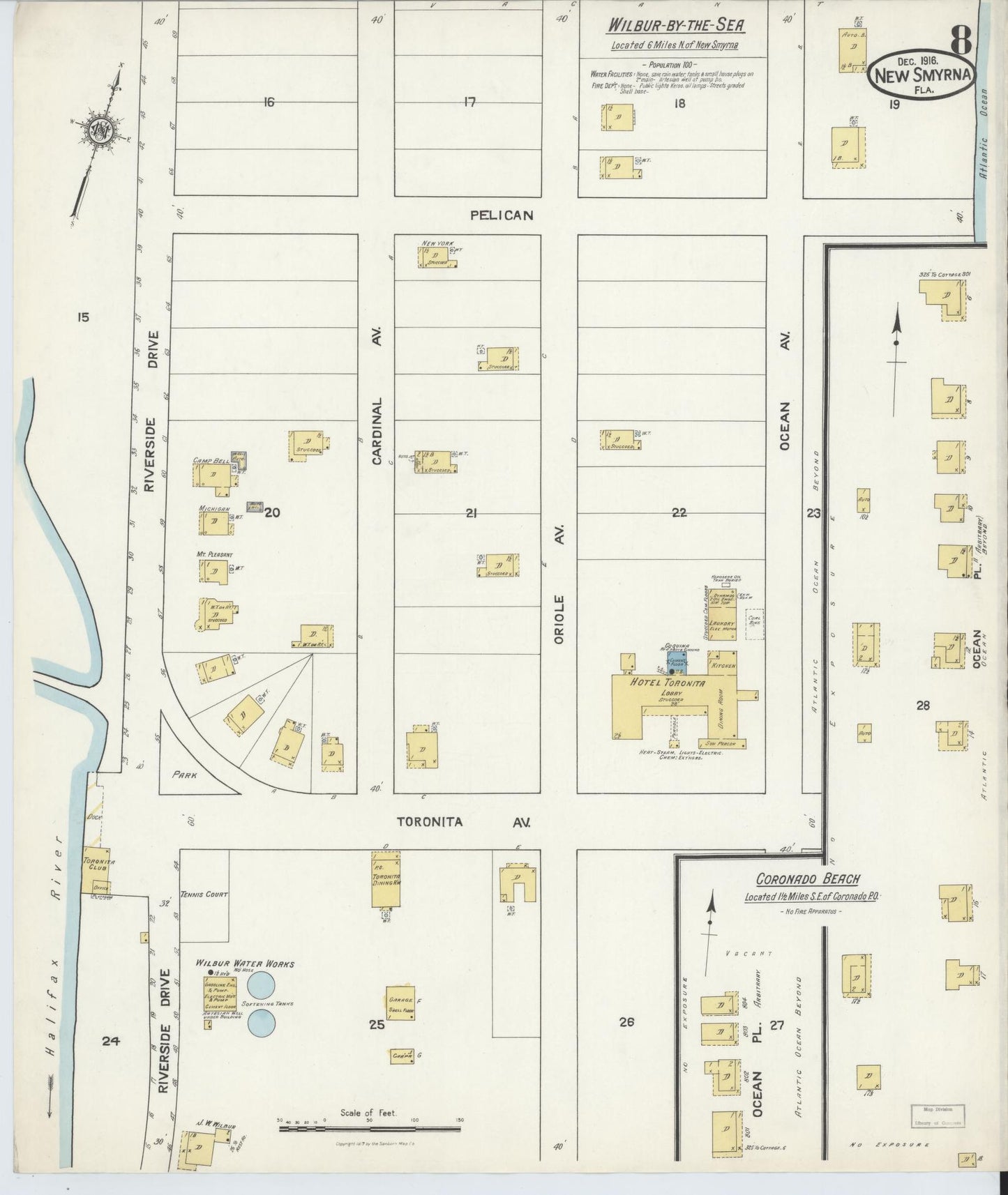 Sanborn Fire Insurance Map from New Smyrna, Valusia County, Florida (1916), Sheet #0008 - Complete Map Set gallery image, historic Sanborn map, vintage wall art, Florida Florida