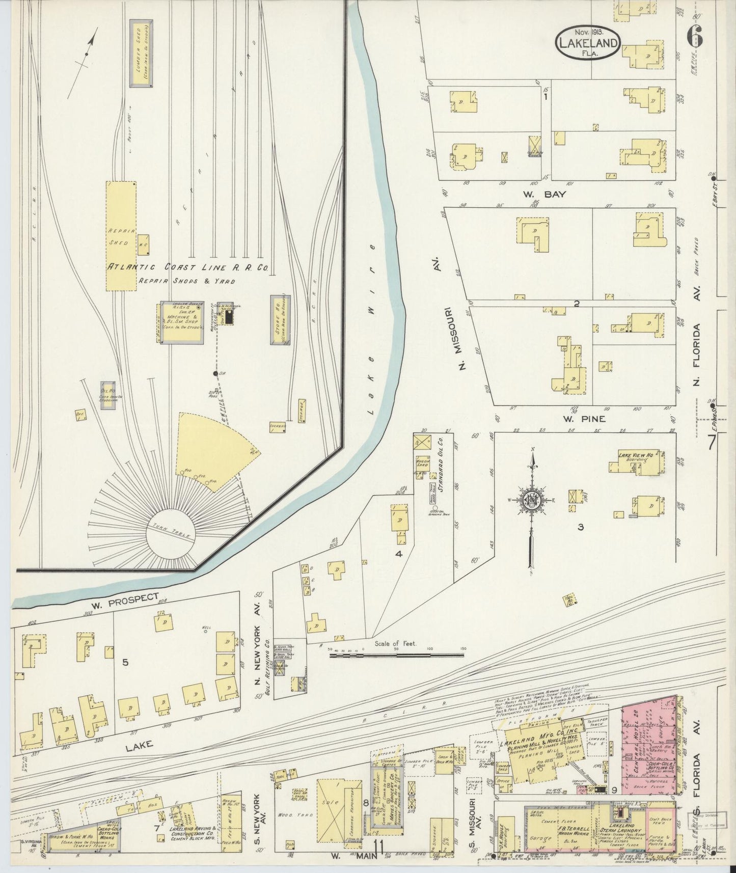 Sanborn Fire Insurance Map from Lakeland, Polk County, Florida (1913), Sheet #0006 - Historic Sanborn Fire Insurance Map Print, vintage old map wall art, antique decor, genealogy gift, Florida Florida map