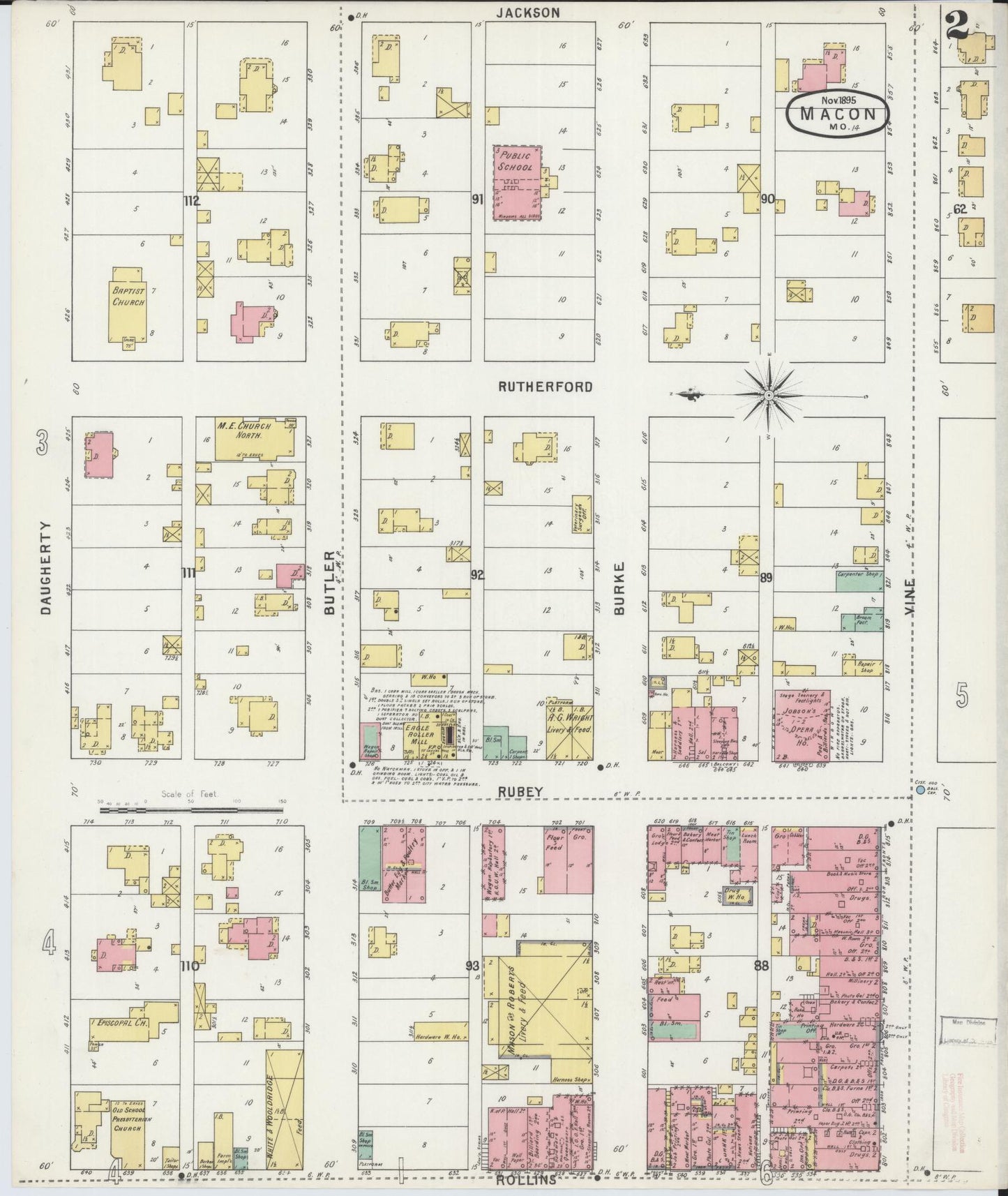 Sanborn Fire Insurance Map from Macon, Macon County, Missouri (1895), Sheet #0002 - Historic Sanborn Fire Insurance Map Print, vintage old map wall art, antique decor, genealogy gift, Missouri Missouri map