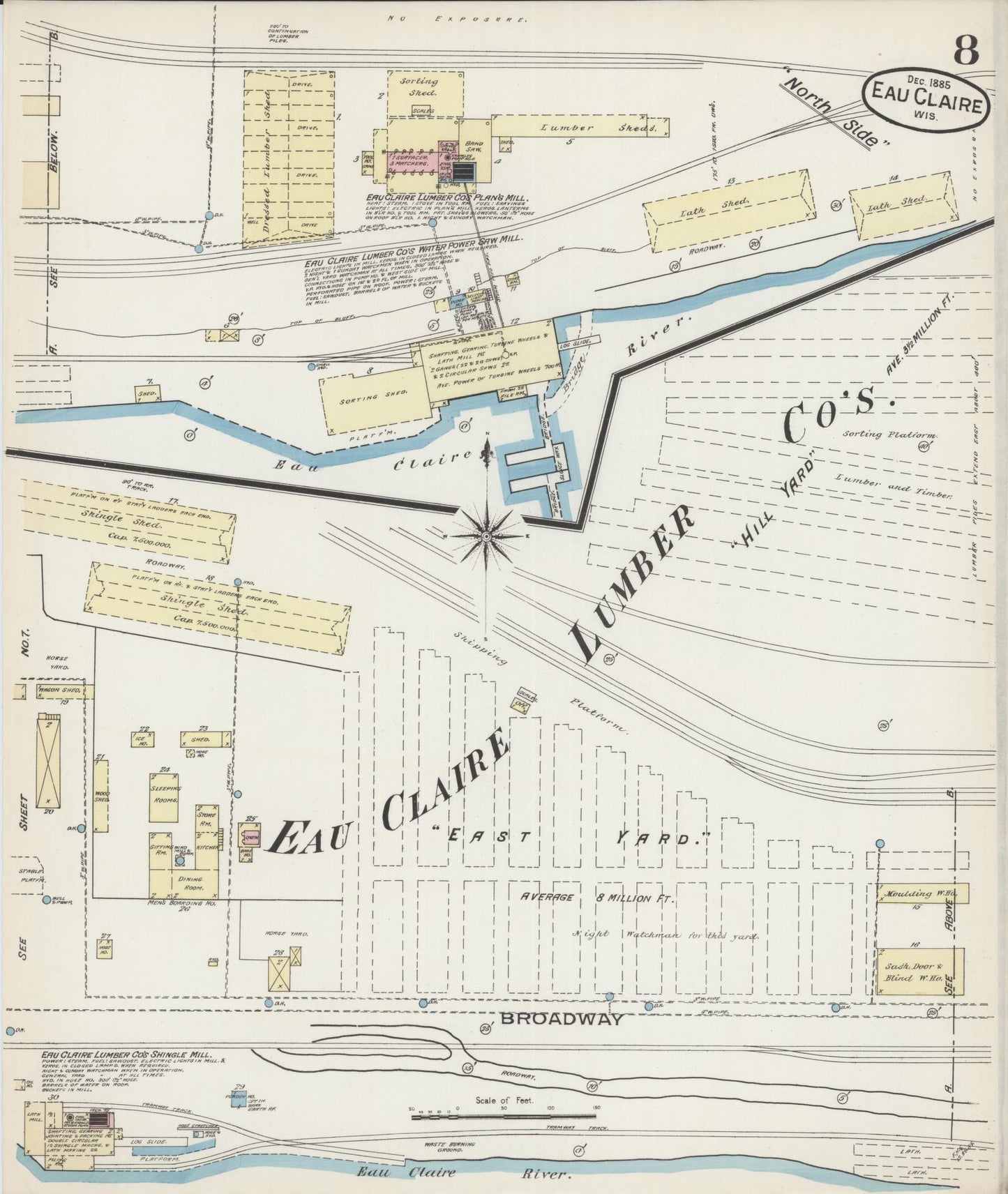 Sanborn Fire Insurance Map from Eau Claire, Eau Claire County, Wisconsin (1885), Sheet #0008 - Historic Sanborn Fire Insurance Map Print, vintage old map wall art, antique decor, genealogy gift, Wisconsin Wisconsin map