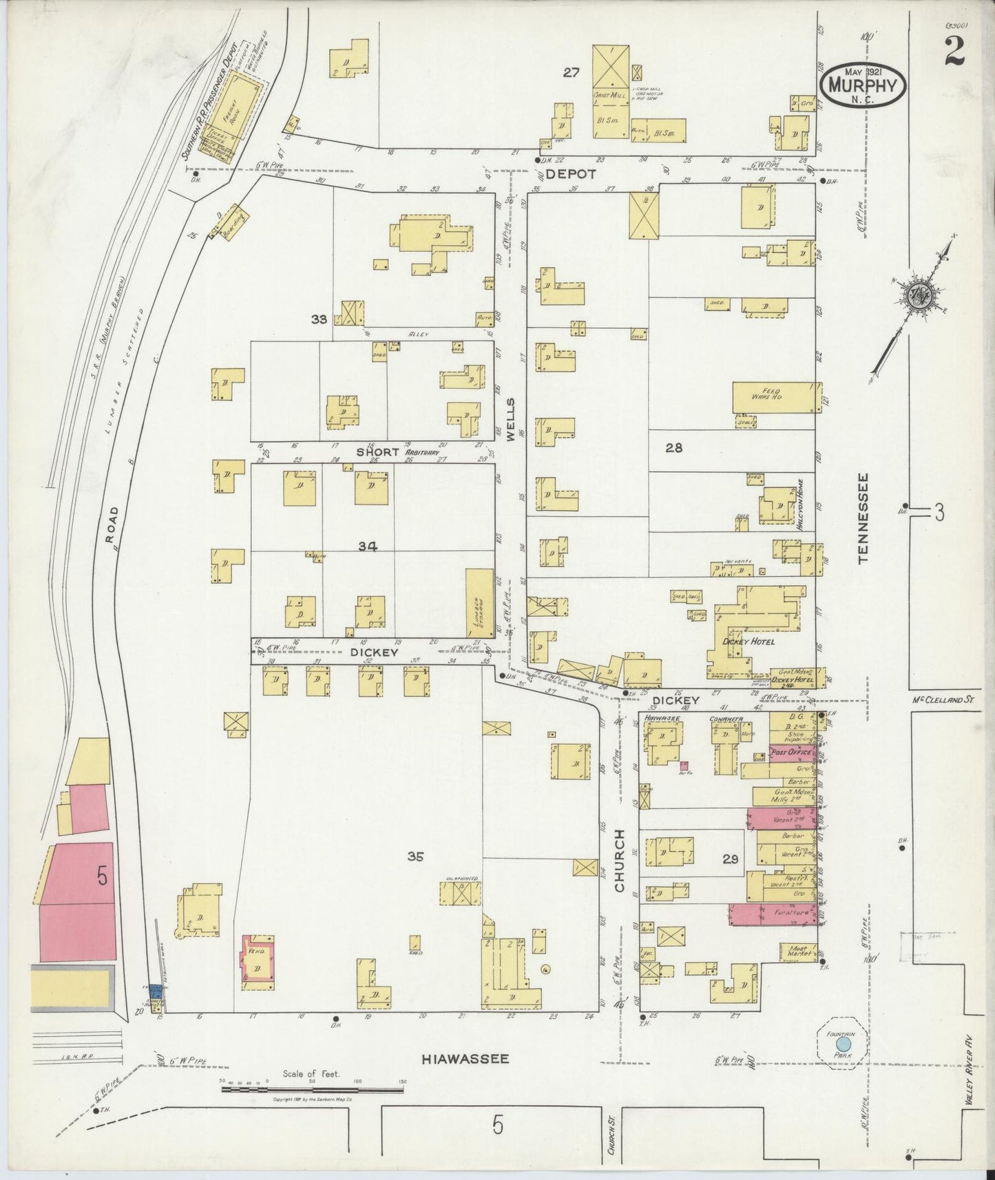 Sanborn Fire Insurance Map from Murphy, Cherokee County, North Carolina (1921), Sheet #0002 - Historic Sanborn Fire Insurance Map Print, vintage old map wall art, antique decor, genealogy gift, North Carolina North Carolina map