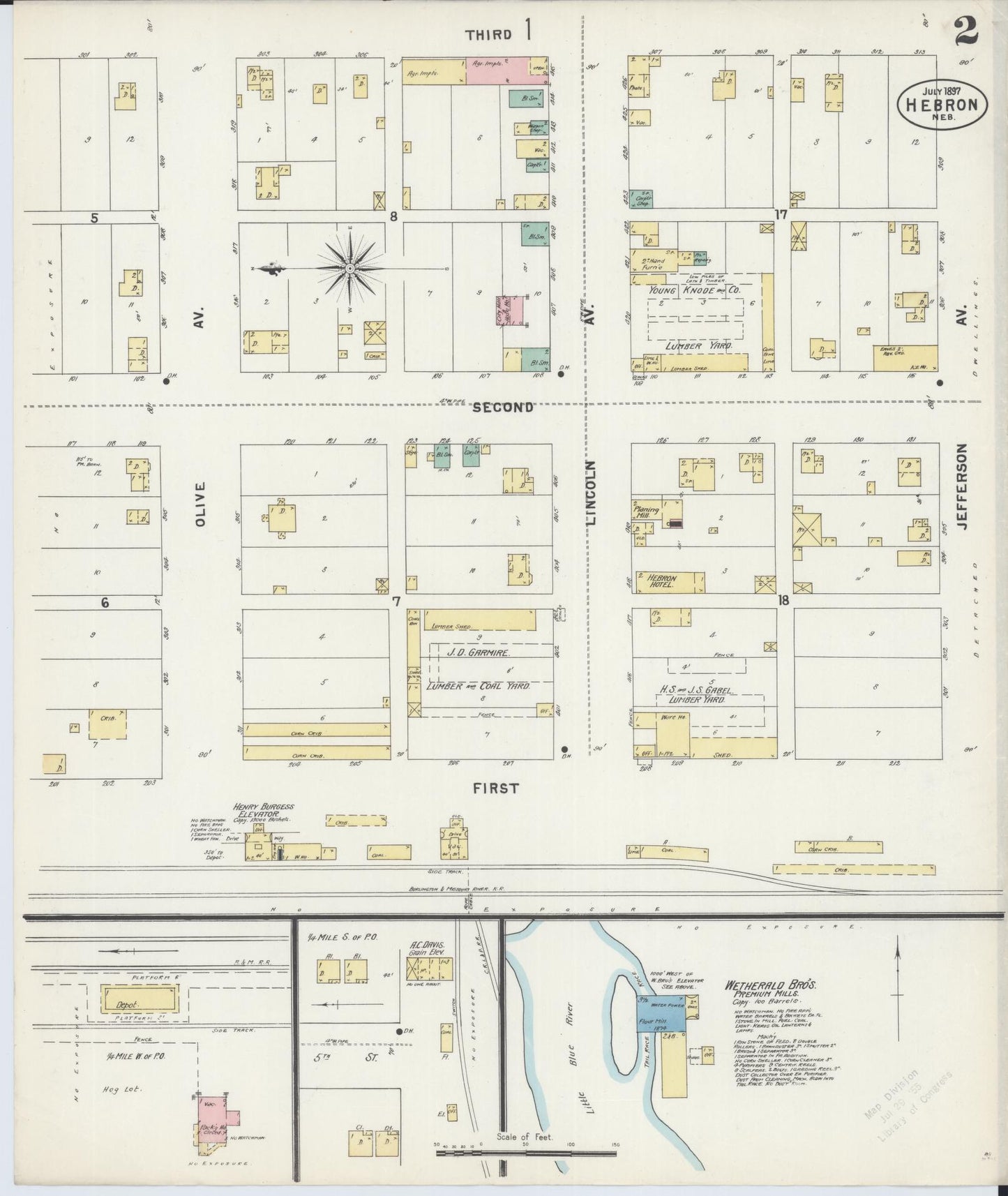 Sanborn Fire Insurance Map from Hebron, Thayer County, Nebraska (1897), Sheet #0002 - Complete Map Set gallery image, historic Sanborn map, vintage wall art, Nebraska Nebraska