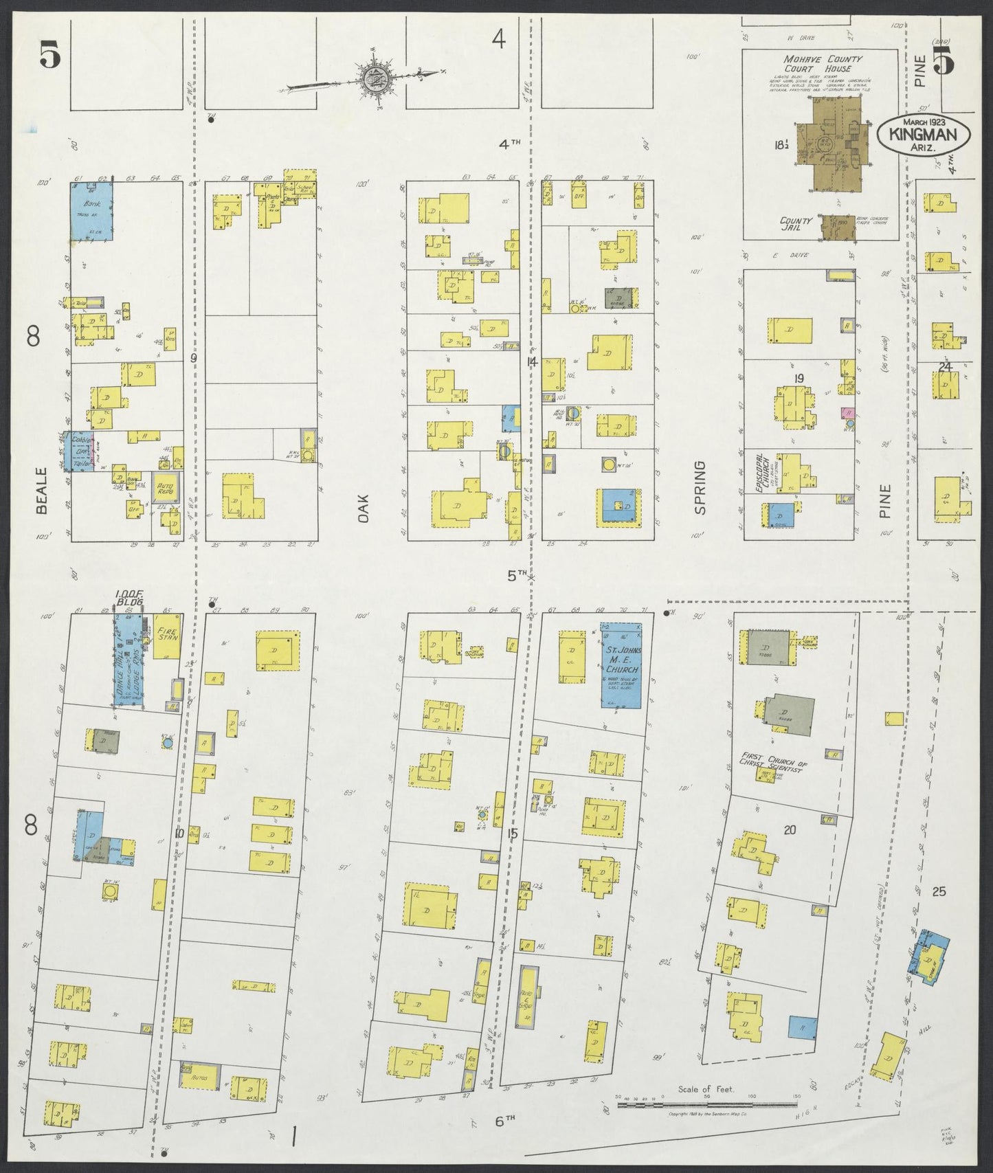 Sanborn Fire Insurance Map from Kingman, Mohave County, Arizona (1923), Sheet #0005 - Historic Sanborn Fire Insurance Map Print, vintage old map wall art, antique decor, genealogy gift, Arizona Arizona map