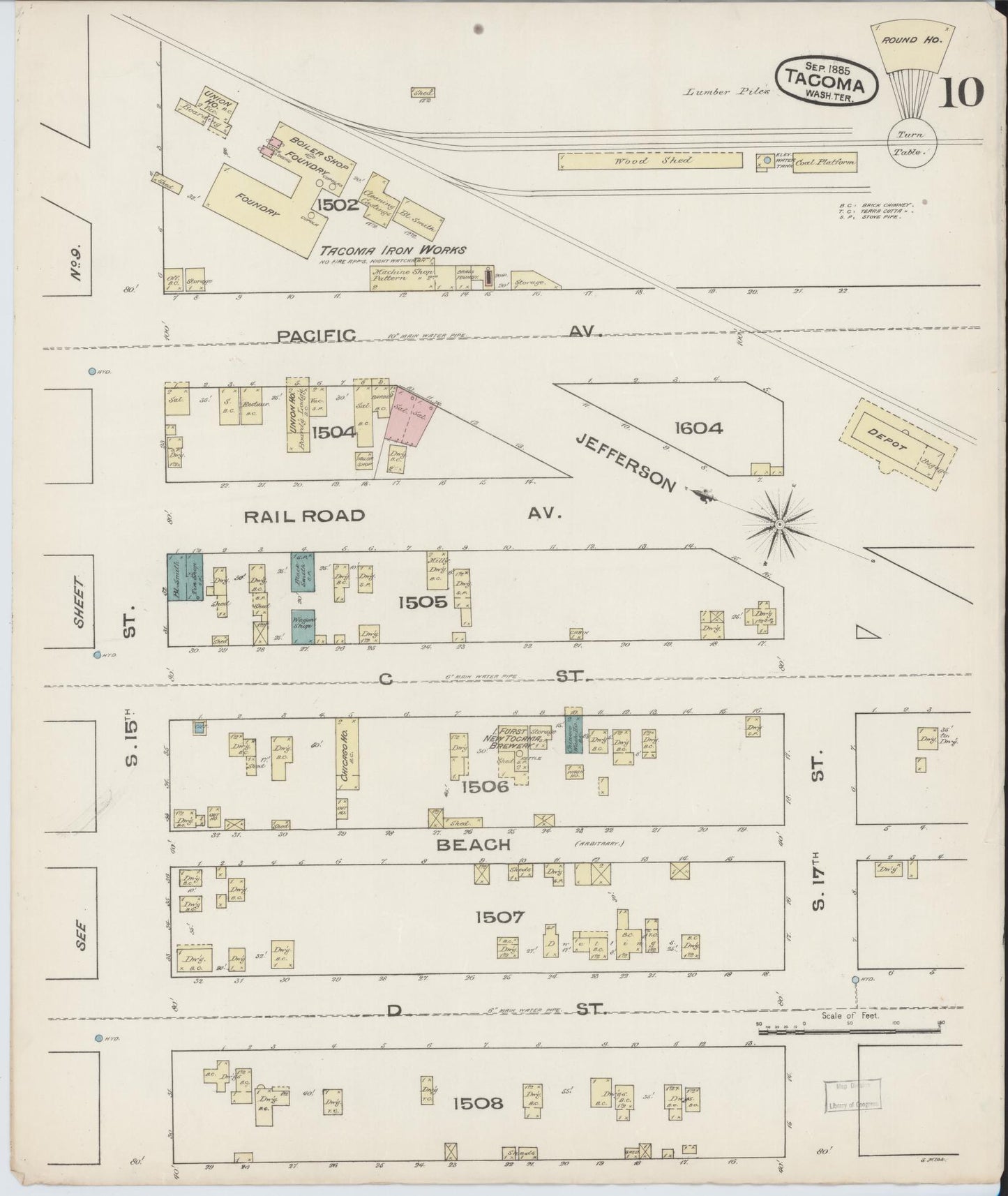 Sanborn Fire Insurance Map from Tacoma, Pierce County, Washington (1885), Sheet #0010 - Complete Map Set gallery image, historic Sanborn map, vintage wall art, Washington Washington