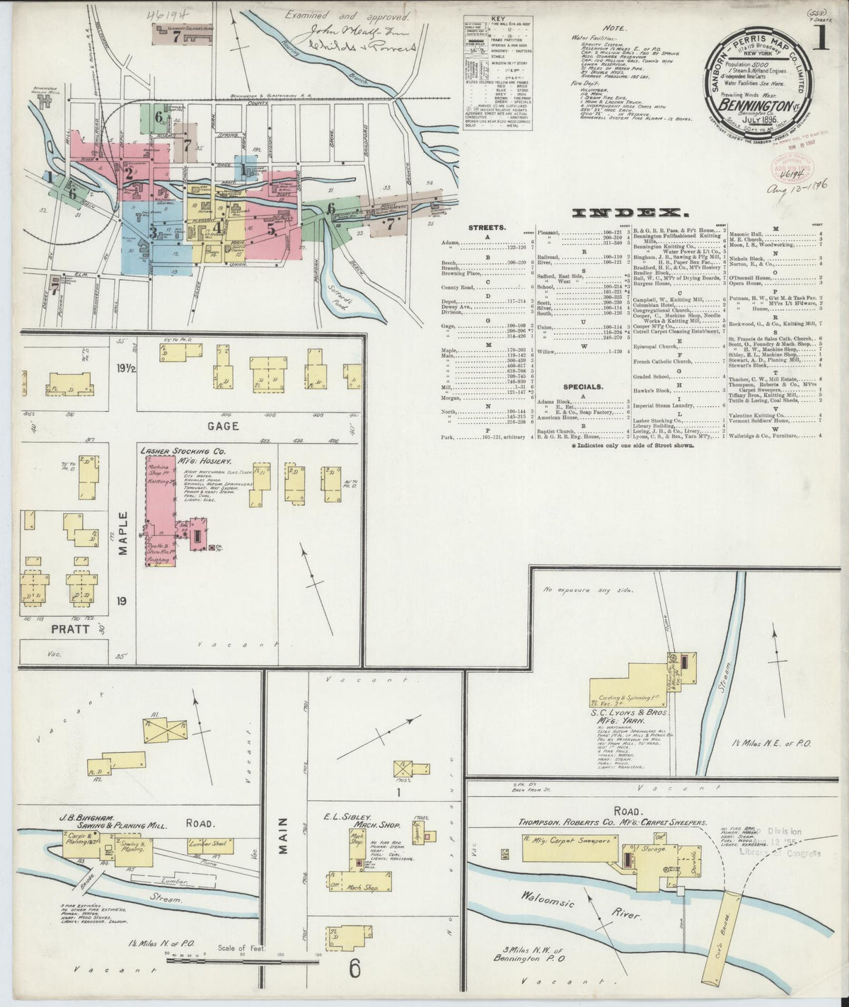 Sanborn Fire Insurance Map from Bennington, Bennington County, Vermont (1896), Sheet #0001 - Historic Sanborn Fire Insurance Map Print, vintage old map wall art, antique decor, genealogy gift, Vermont Vermont map