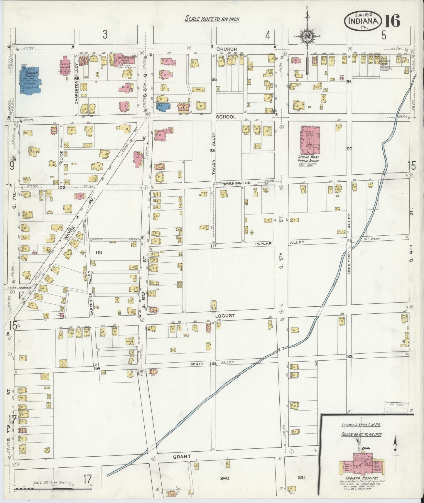Sanborn Fire Insurance Map from Indiana, Indiana County, Pennsylvania (1916), Sheet #0016 - Historic Sanborn Fire Insurance Map Print, vintage old map wall art, antique decor, genealogy gift, Sanborn Fire Insurance Map from Indiana Indiana map