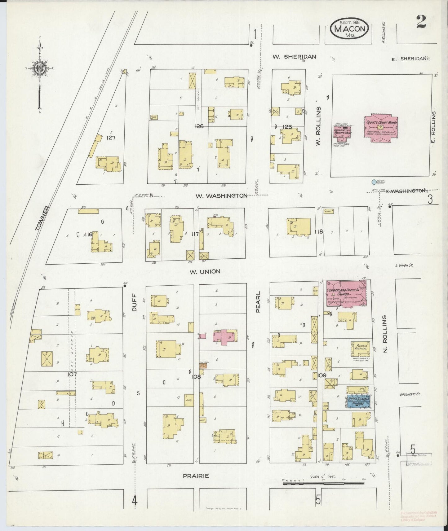 Sanborn Fire Insurance Map from Macon, Macon County, Missouri (1916), Sheet #0002 - Historic Sanborn Fire Insurance Map Print, vintage old map wall art, antique decor, genealogy gift, Missouri Missouri map