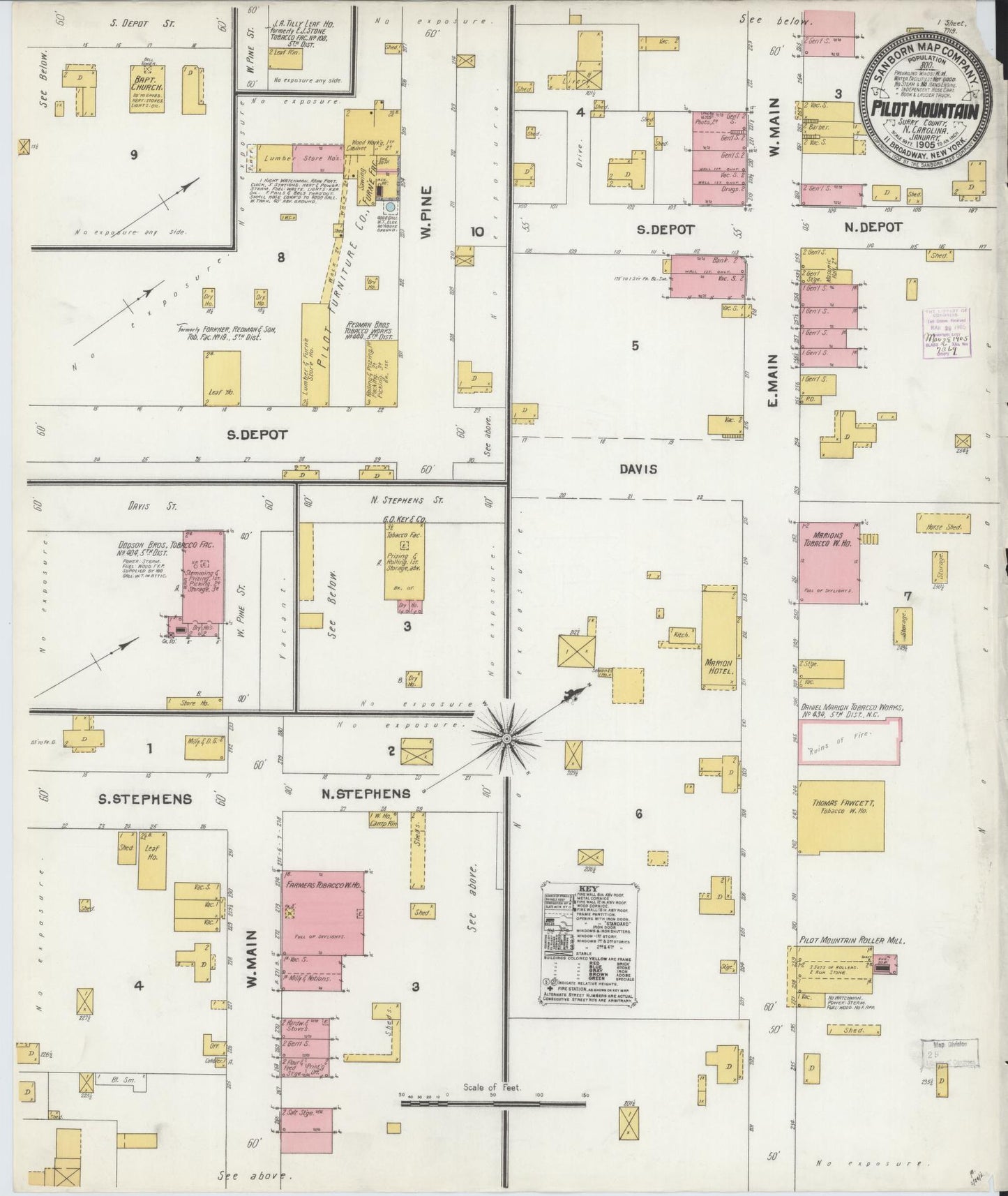 Sanborn Fire Insurance Map from Pilot Mountain, Surry County, North Carolina (1905), Sheet #0001 - Historic Sanborn Fire Insurance Map Print, vintage old map wall art, antique decor, genealogy gift, North Carolina North Carolina map