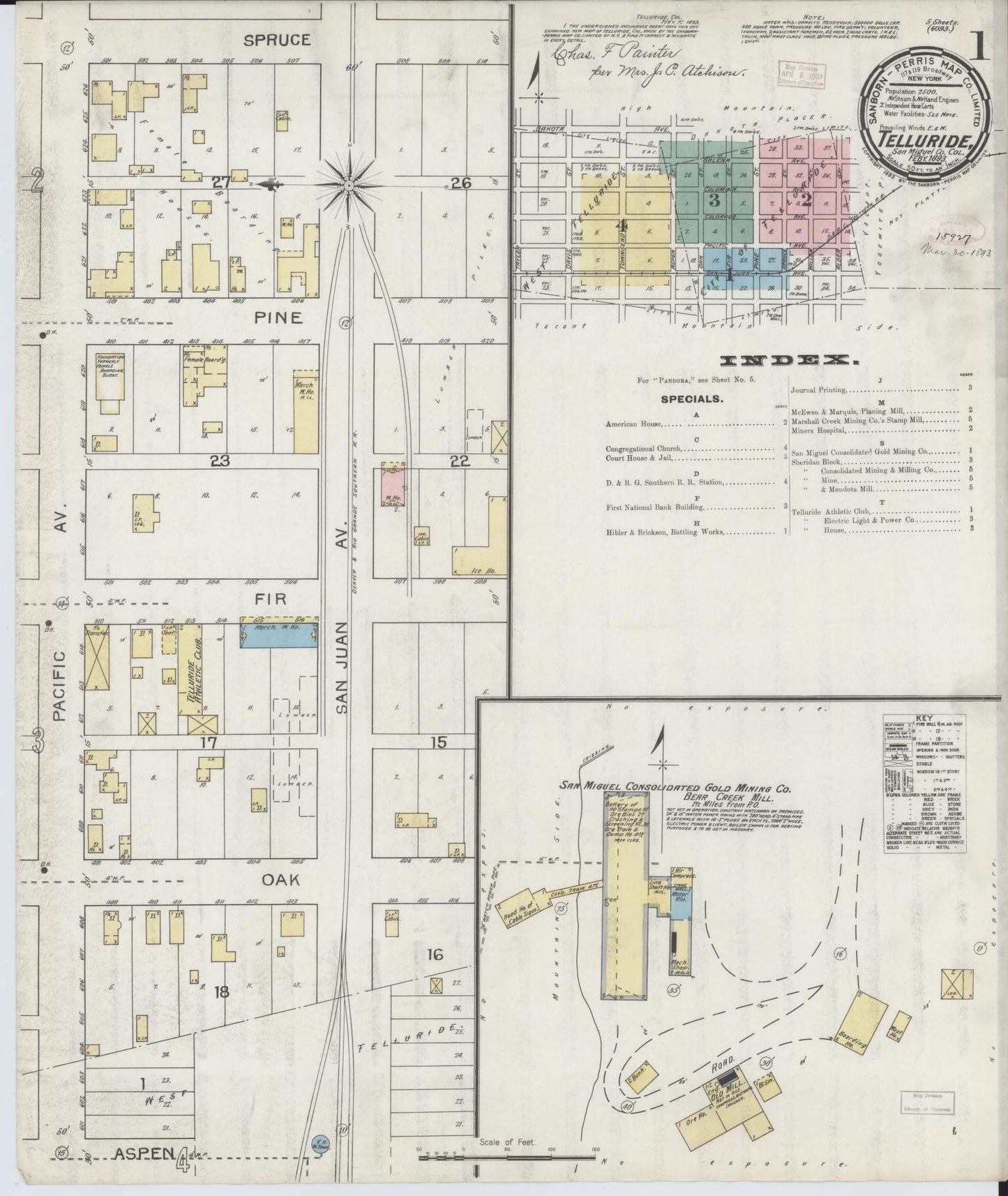 Sanborn Fire Insurance Map from Telluride, San Miguel County, Colorado (1893), Sheet #0001 - Historic Sanborn Fire Insurance Map Print, vintage old map wall art, antique decor, genealogy gift, Colorado Colorado map