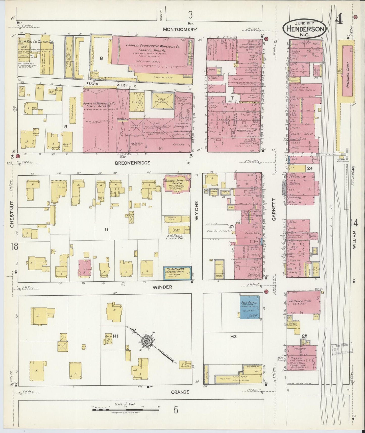 Sanborn Fire Insurance Map from Henderson, Vance County, North Carolina (1917), Sheet #0004 - Historic Sanborn Fire Insurance Map Print, vintage old map wall art, antique decor, genealogy gift, North Carolina North Carolina map