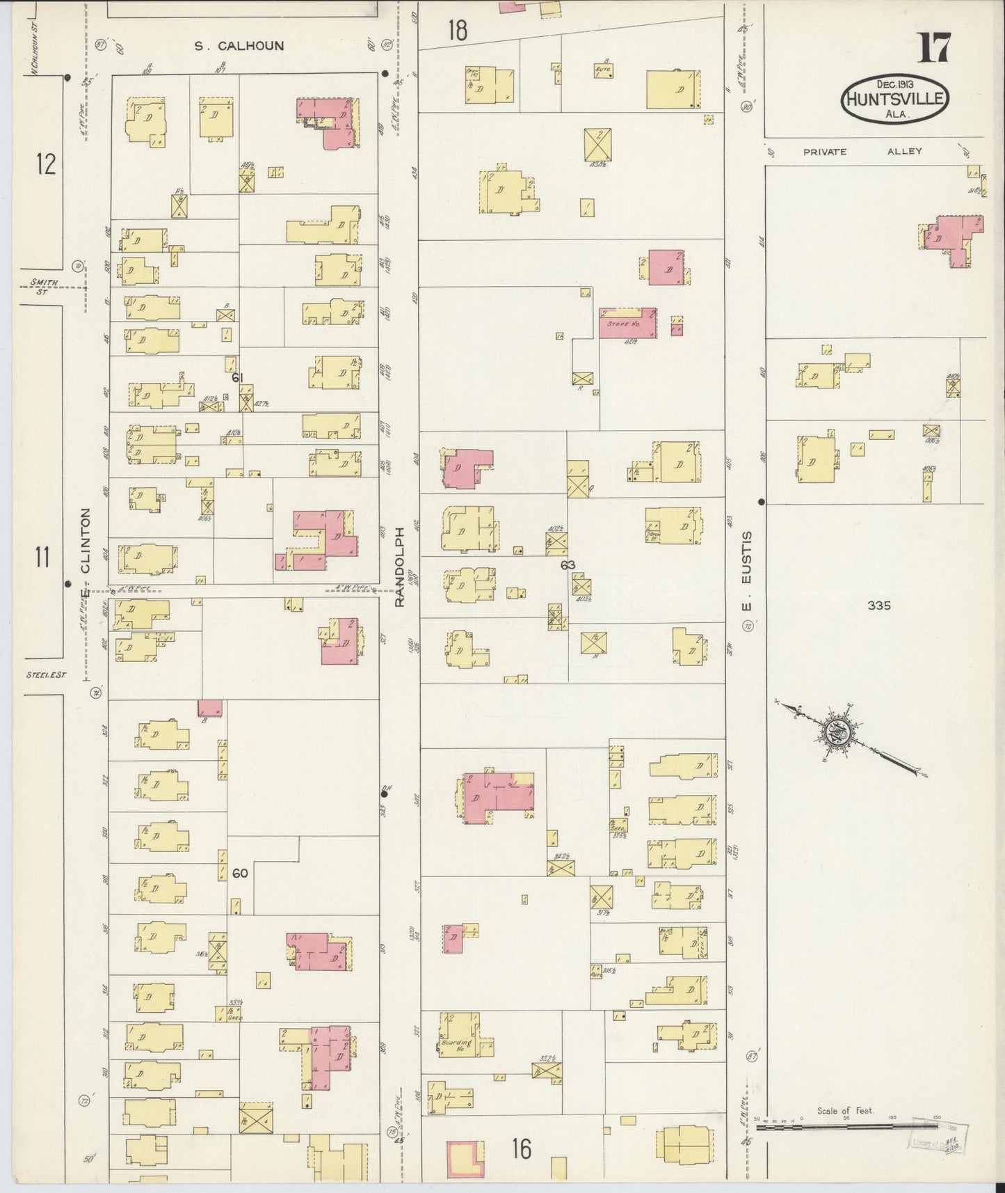 Sanborn Fire Insurance Map from Huntsville, Madison County, Alabama (1913), Sheet #0017 - Historic Sanborn Fire Insurance Map Print, vintage old map wall art, antique decor, genealogy gift, Alabama Alabama map