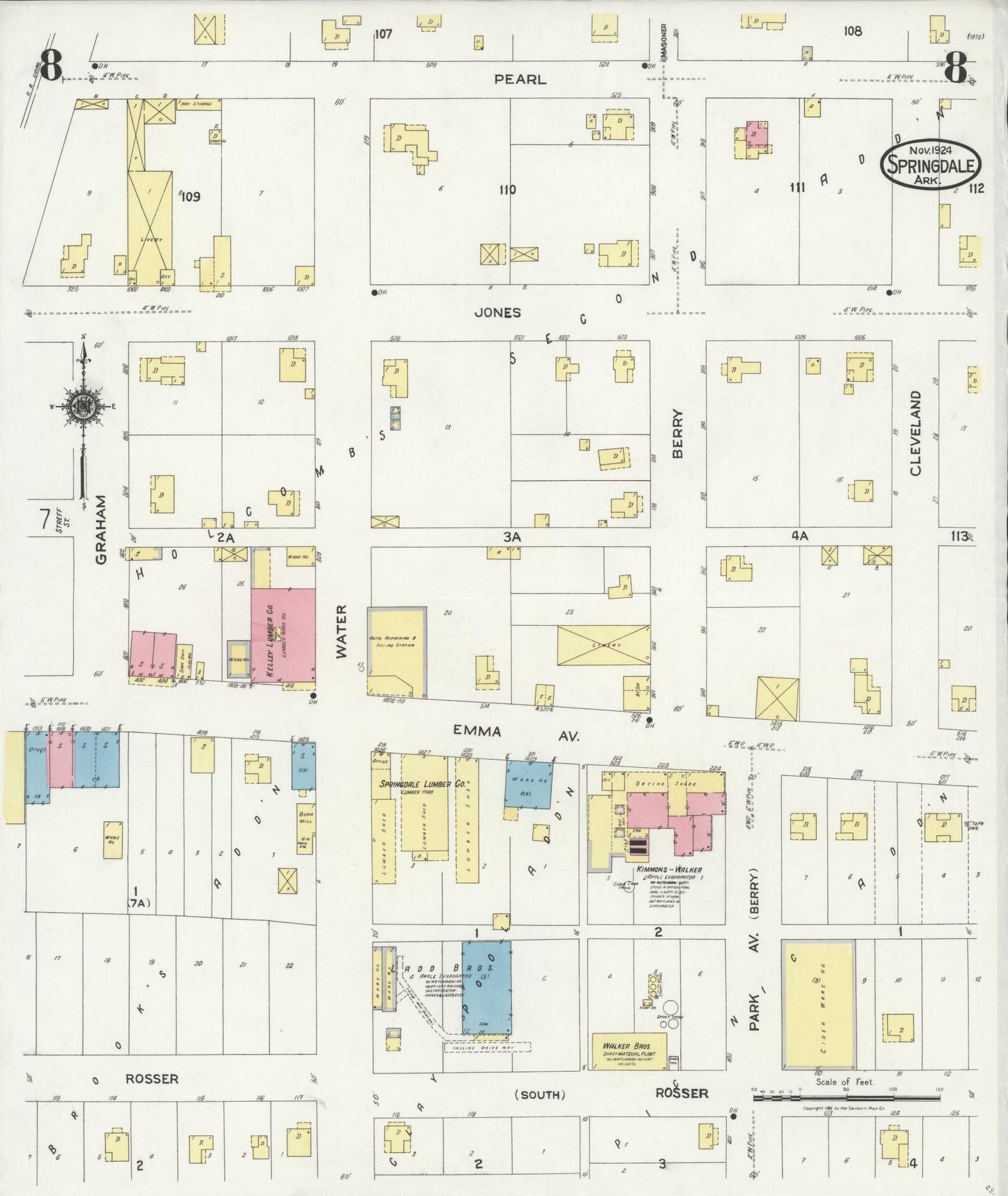 Sanborn Fire Insurance Map from Springdale, Washington County, Arkansas (1924), Sheet #0008 - Complete Map Set gallery image, historic Sanborn map, vintage wall art, Arkansas Arkansas