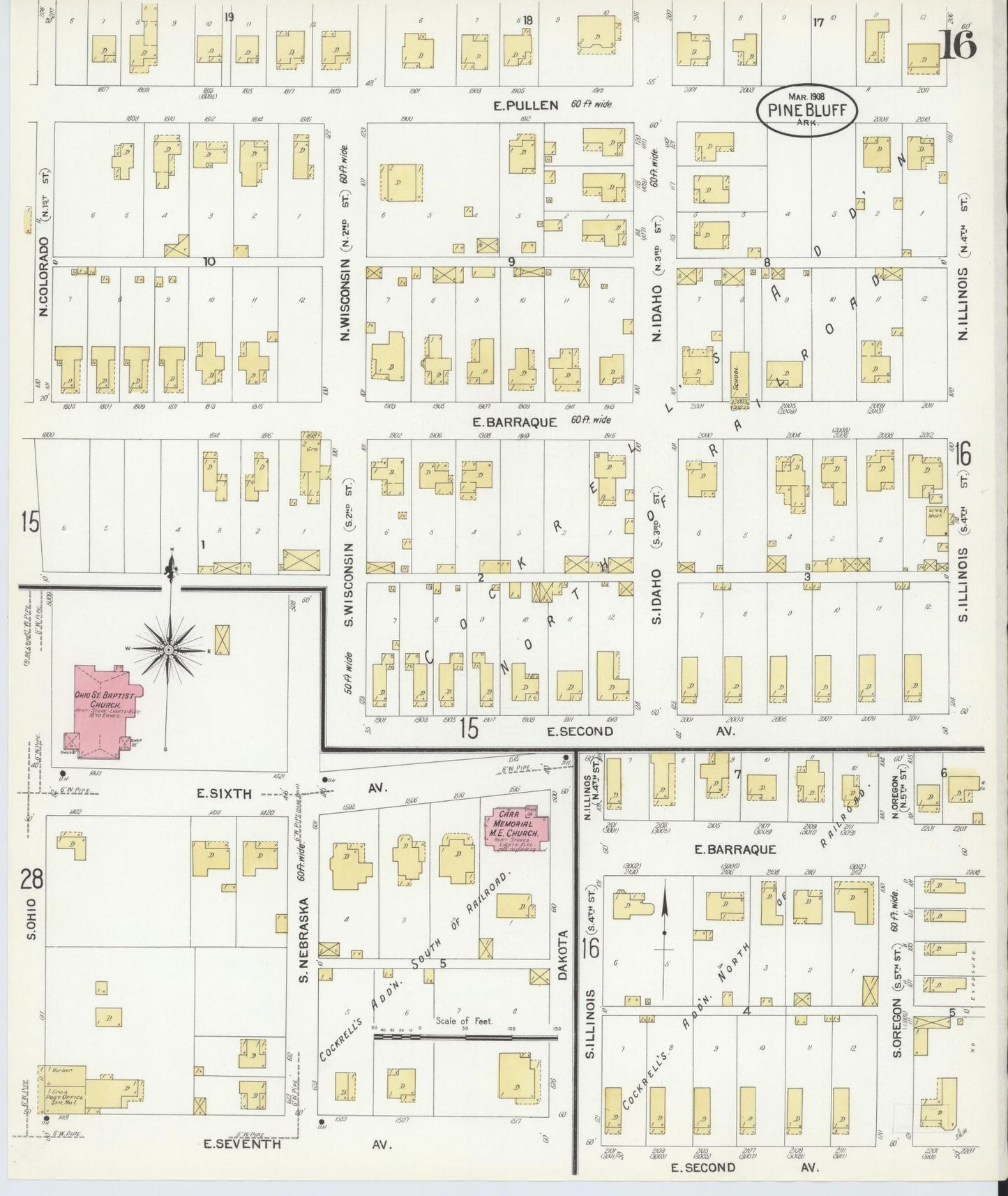 Sanborn Fire Insurance Map from Pine Bluff, Jefferson County, Arkansas (1908), Sheet #0016 - Historic Sanborn Fire Insurance Map Print, vintage old map wall art, antique decor, genealogy gift, Arkansas Arkansas map
