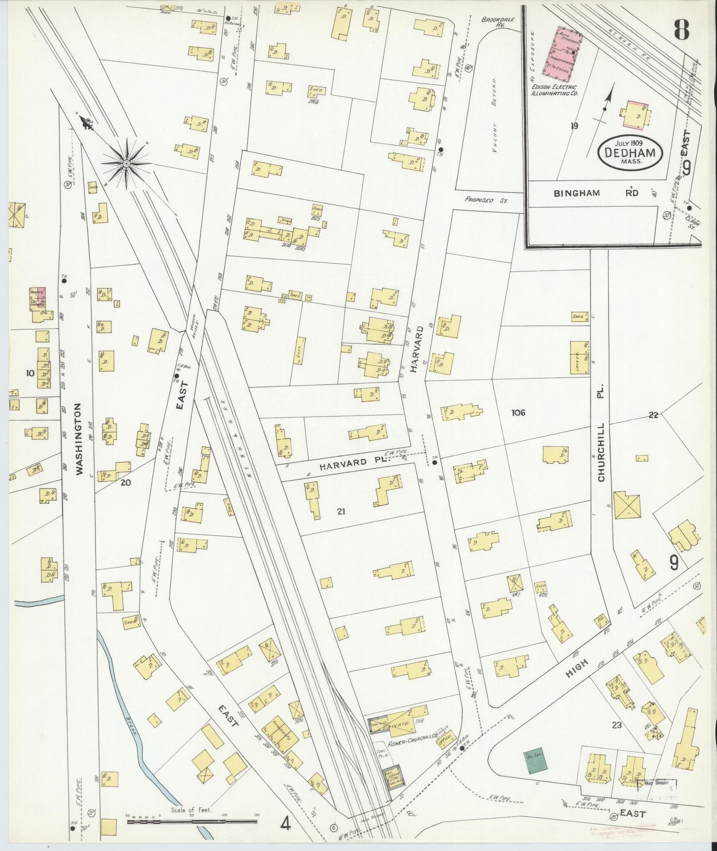 Sanborn Fire Insurance Map from Dedham, Norfolk County, Massachusetts (1909), Sheet #0008 - Historic Sanborn Fire Insurance Map Print, vintage old map wall art, antique decor, genealogy gift, Massachusetts Massachusetts map