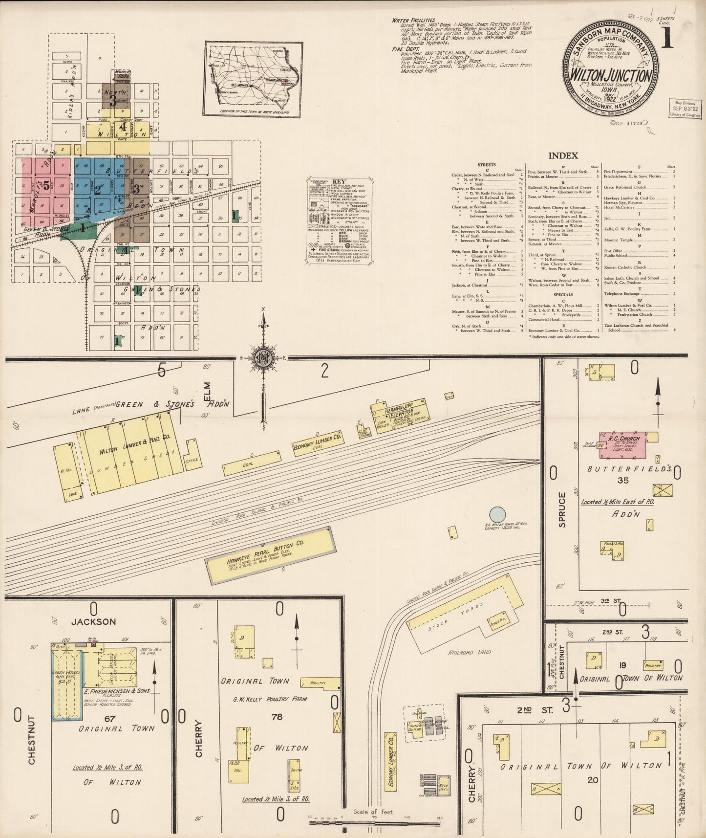 Sanborn Fire Insurance Map from Wilton Junction, Muscatine County, Iowa (1922), Sheet #0001 - Historic Sanborn Fire Insurance Map Print