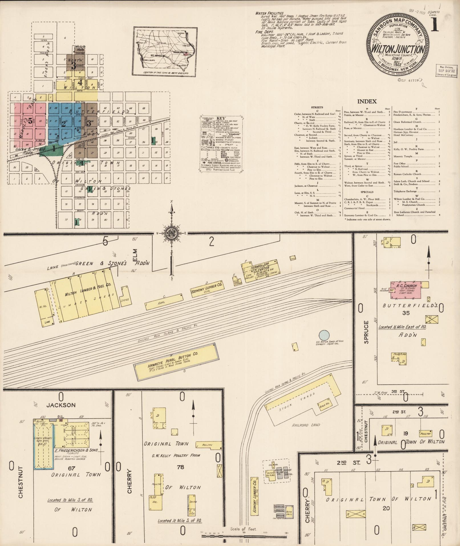 Sanborn Fire Insurance Map from Wilton Junction, Muscatine County, Iowa (1922), Sheet #0001 - Historic Sanborn Fire Insurance Map Print