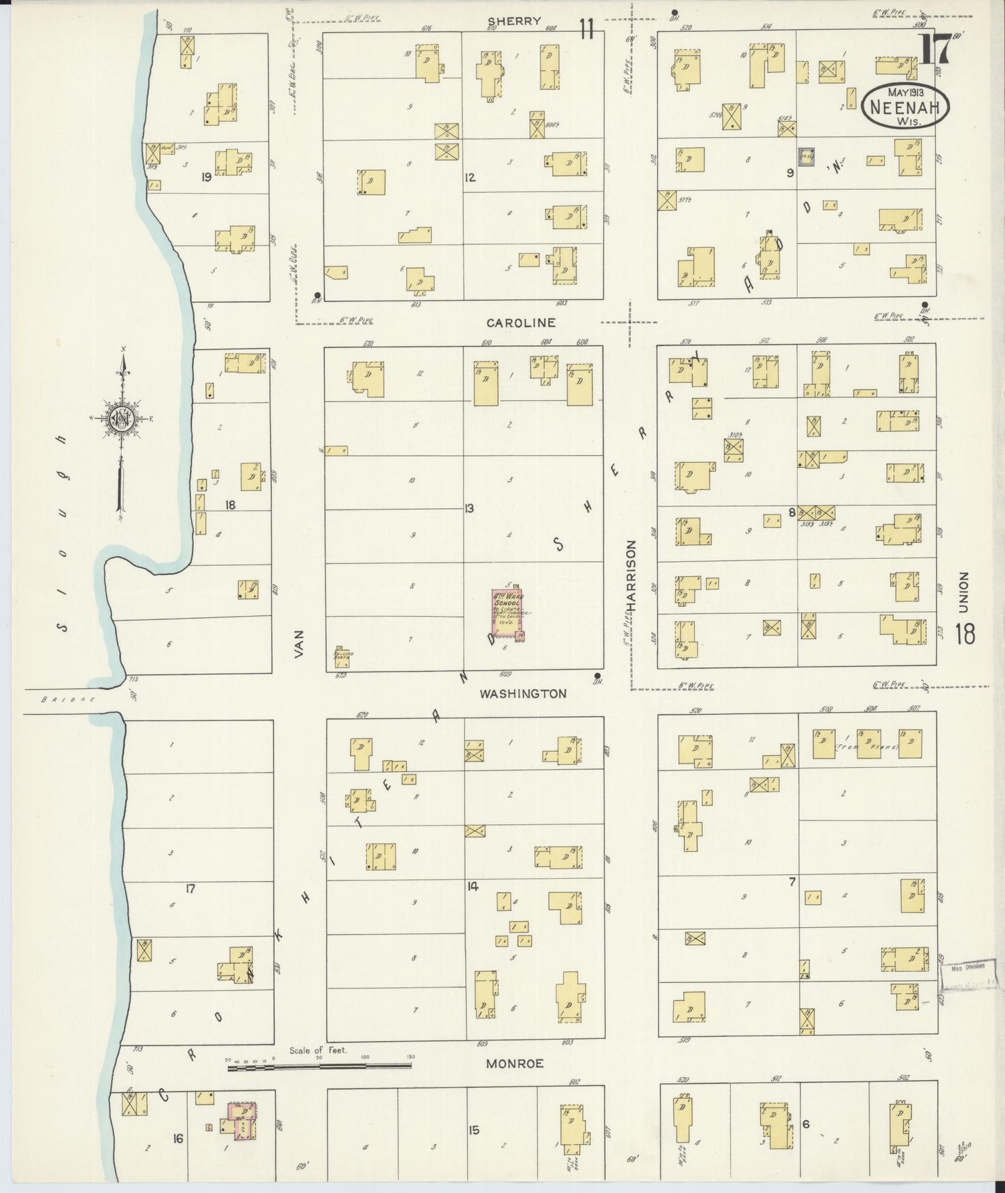 Sanborn Fire Insurance Map from Neenah, Winnebago County, Wisconsin (1913), Sheet #0017 - Historic Sanborn Fire Insurance Map Print, vintage old map wall art, antique decor, genealogy gift, Wisconsin Wisconsin map