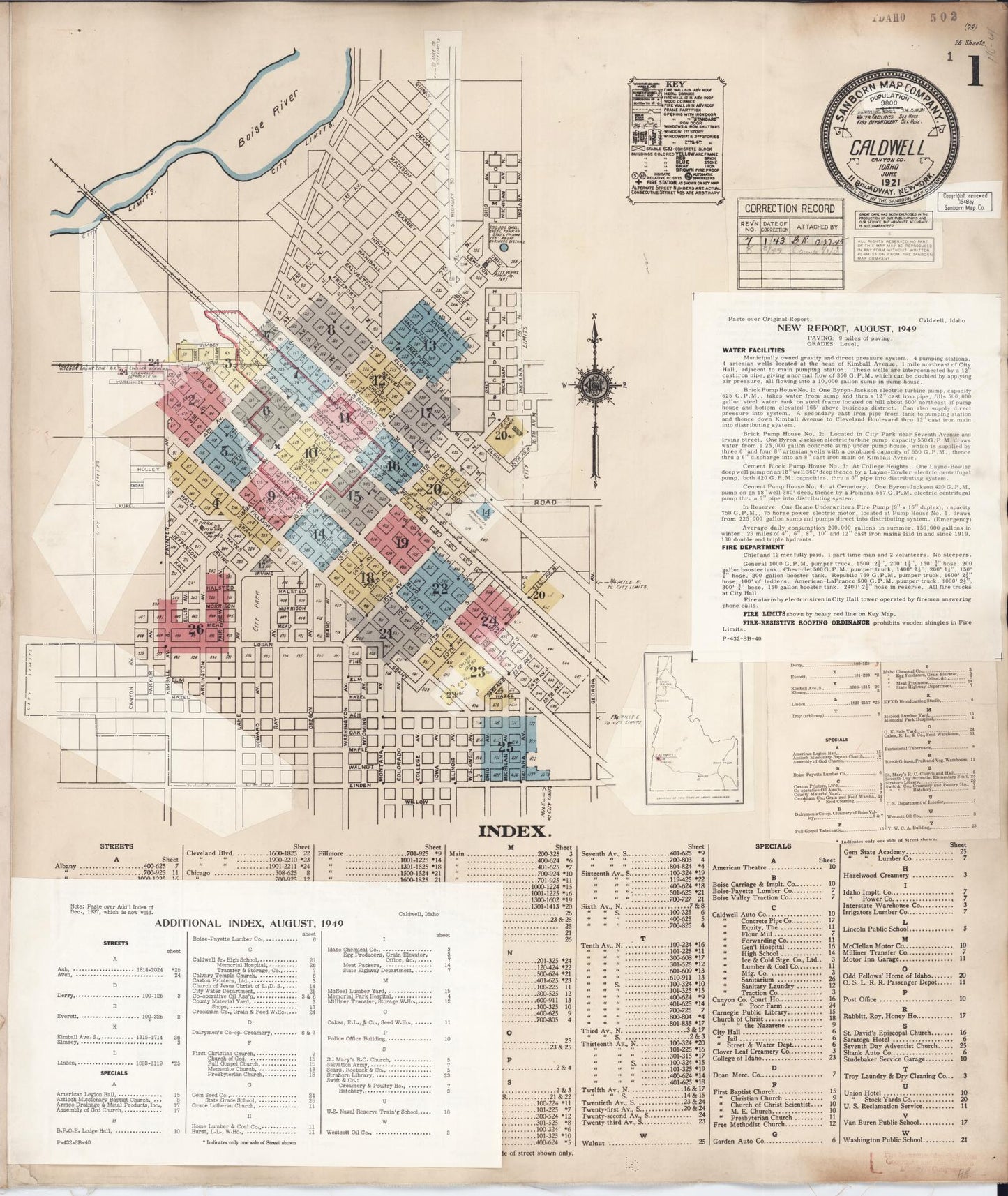 Sanborn Fire Insurance Map from Caldwell, Canyon County, Idaho (1949), Sheet #0001 - Historic Sanborn Fire Insurance Map Print, vintage old map wall art, antique decor, genealogy gift, Idaho Idaho map