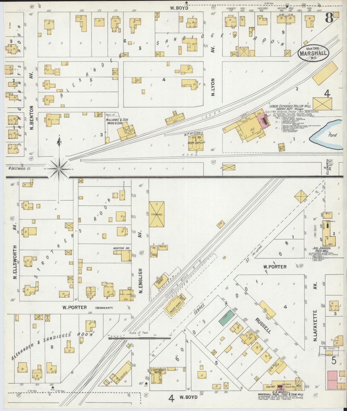 Sanborn Fire Insurance Map from Marshall, Saline County, Missouri (1900), Sheet #0008 - Historic Sanborn Fire Insurance Map Print, vintage old map wall art, antique decor, genealogy gift, Missouri Missouri map