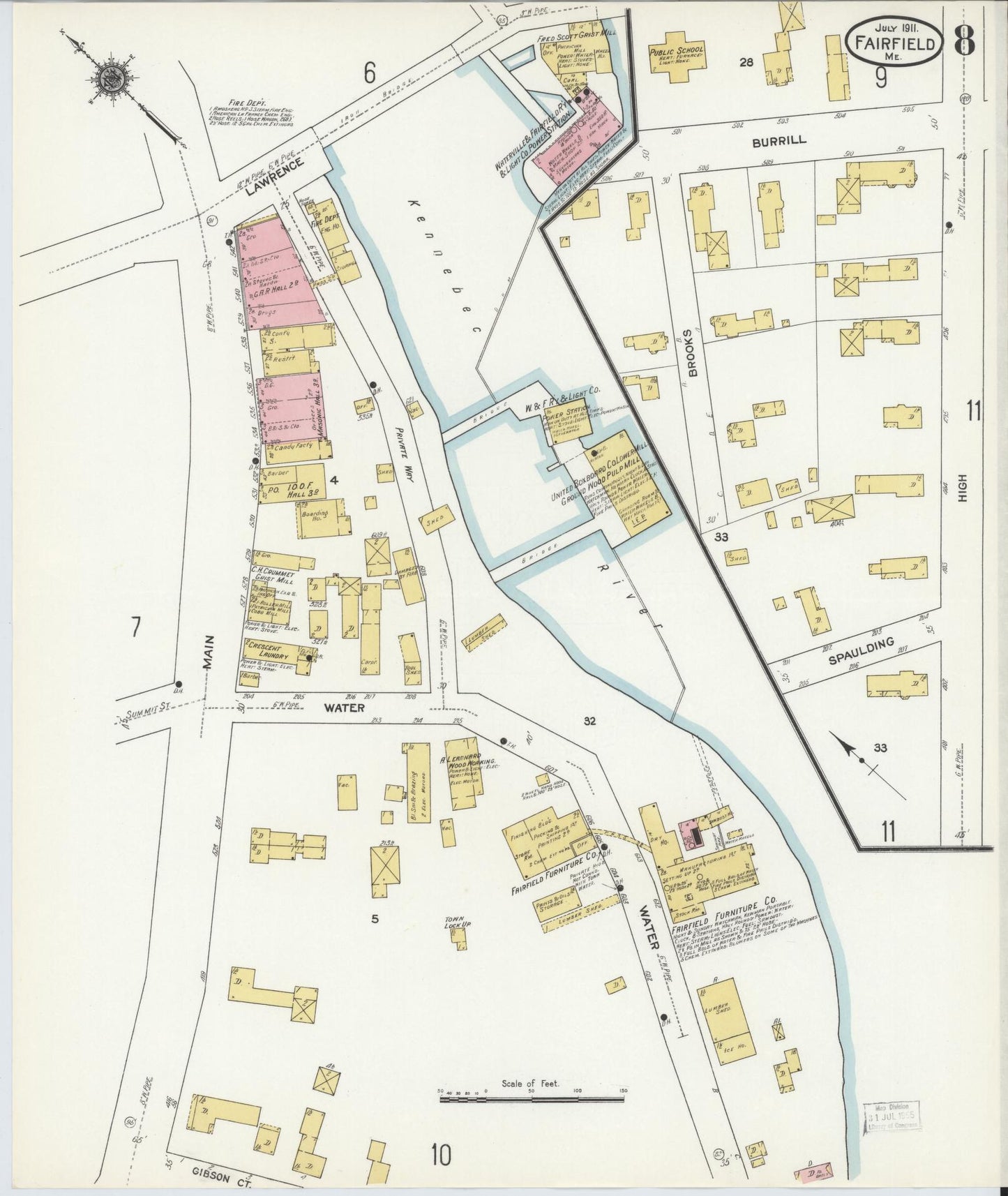 Sanborn Fire Insurance Map from Fairfield, Somerset County, Maine (1911), Sheet #0008 - Historic Sanborn Fire Insurance Map Print, vintage old map wall art, antique decor, genealogy gift, Maine Maine map