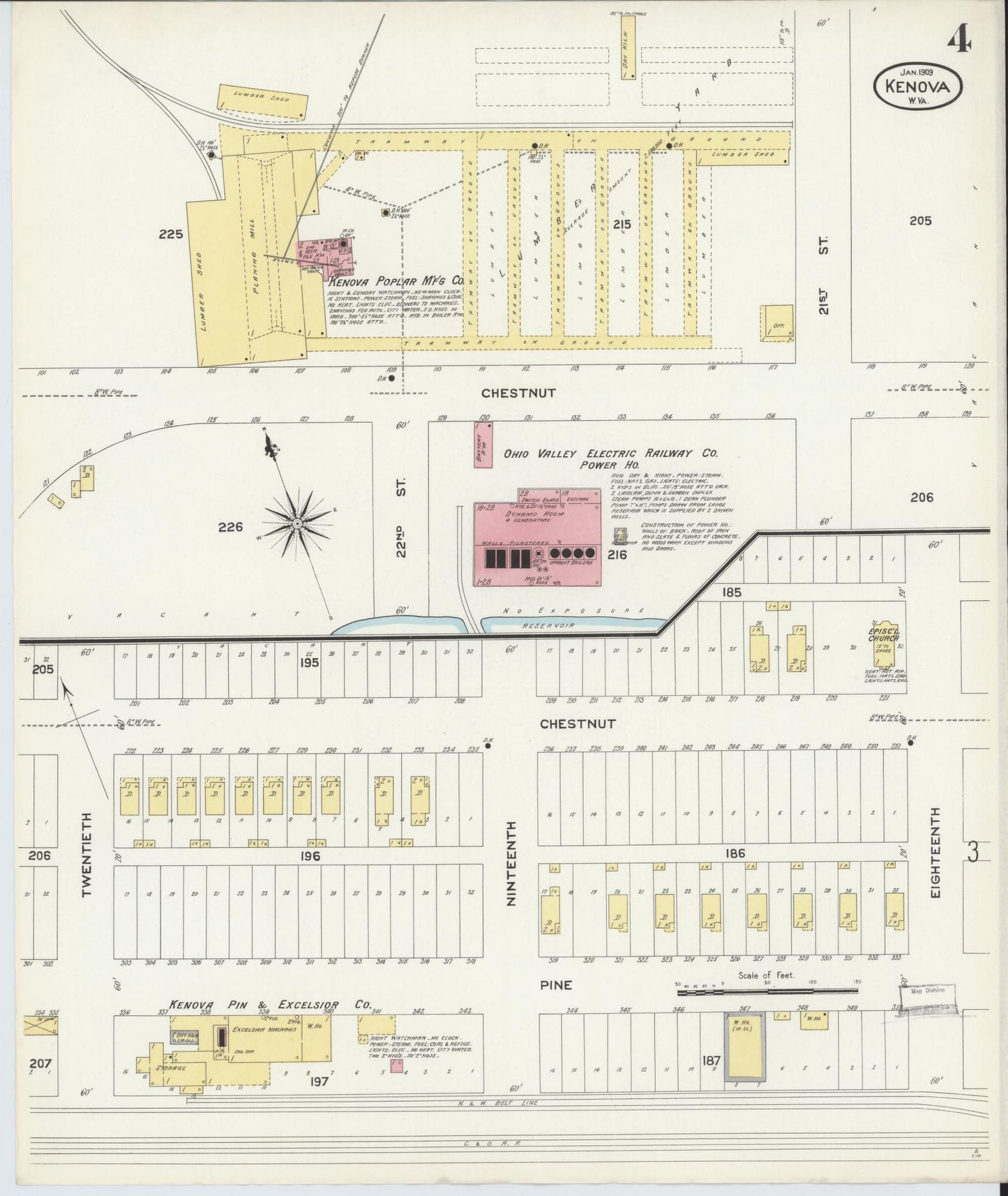Sanborn Fire Insurance Map from Kenova, Wayne County, West Virginia (1909), Sheet #0004 - Historic Sanborn Fire Insurance Map Print, vintage old map wall art, antique decor, genealogy gift, West Virginia West Virginia map