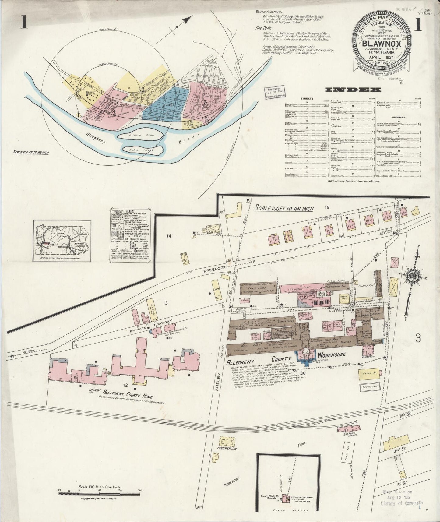 Sanborn Fire Insurance Map from Blawnox, Allegheny County, Pennsylvania (1924), Sheet #0001 - Historic Sanborn Fire Insurance Map Print, vintage old map wall art, antique decor, genealogy gift, Pennsylvania Pennsylvania map