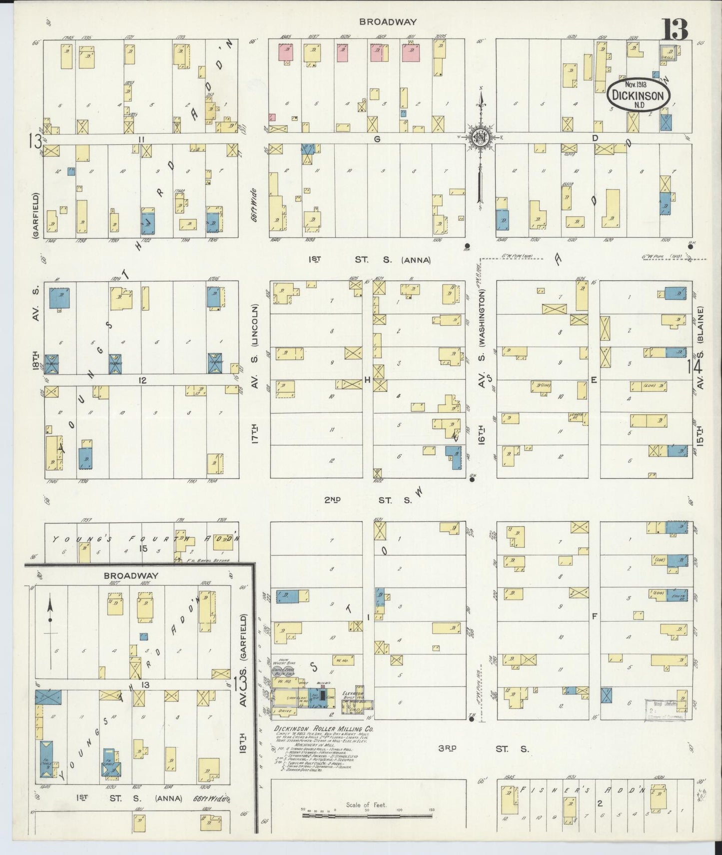 Sanborn Fire Insurance Map from Dickinson, Stark County, North Dakota (1913), Sheet #0013 - Historic Sanborn Fire Insurance Map Print, vintage old map wall art, antique decor, genealogy gift, North Dakota North Dakota map