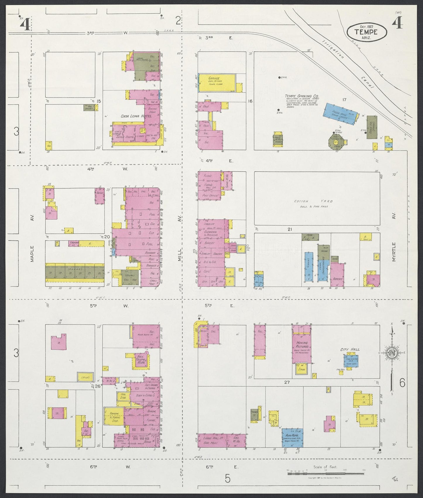 Sanborn Fire Insurance Map from Tempe, Maricopa County, Arizona (1927), Sheet #0004 - Historic Sanborn Fire Insurance Map Print, vintage old map wall art, antique decor, genealogy gift, Arizona Arizona map
