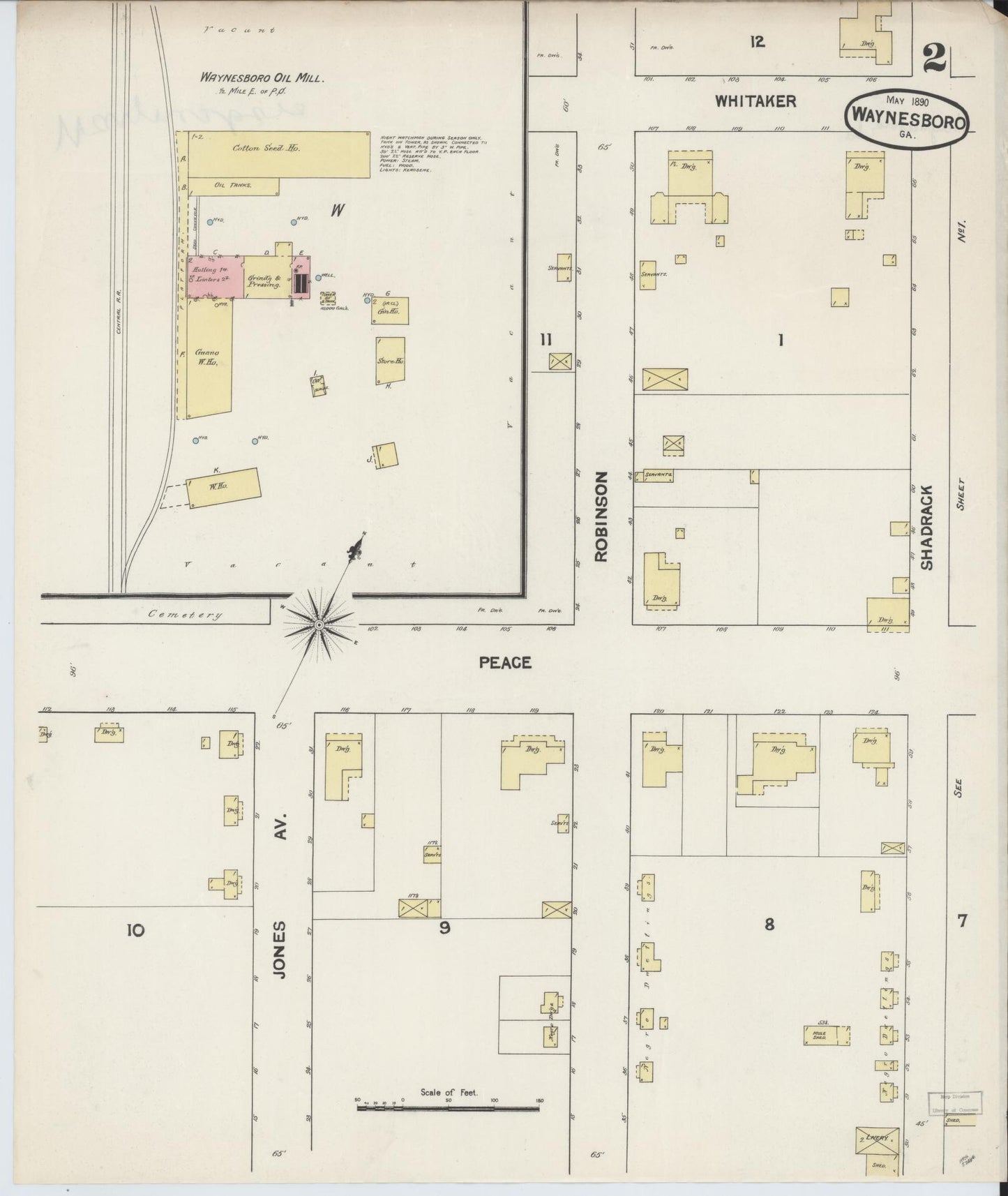 Sanborn Fire Insurance Map from Waynesboro, Burke County, Georgia (1890), Sheet #0002 - Historic Sanborn Fire Insurance Map Print, vintage old map wall art, antique decor, genealogy gift, Georgia Georgia map