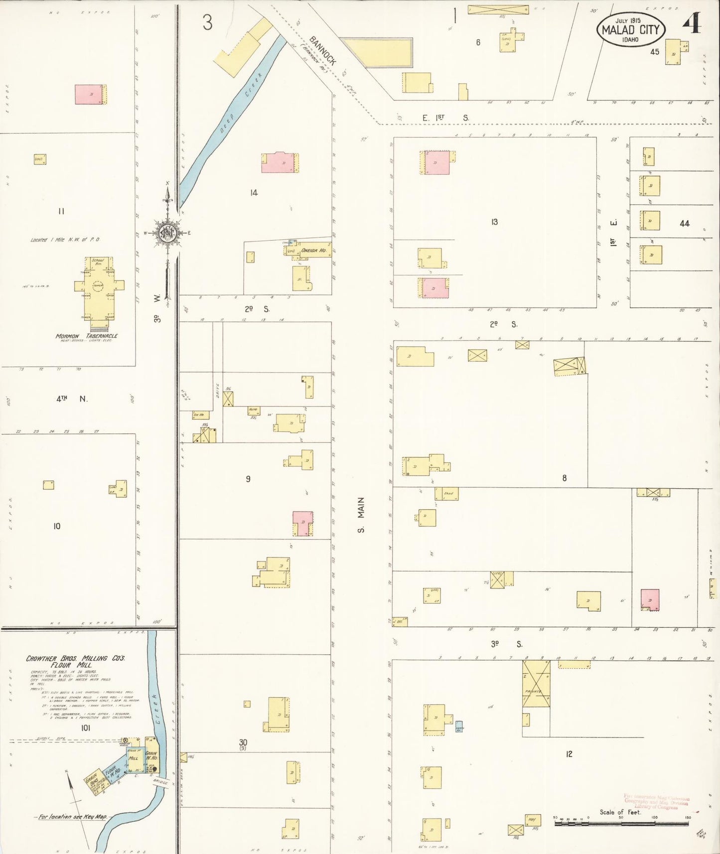 Sanborn Fire Insurance Map from Malad City, Oneida County, Idaho (1915), Sheet #0004 - Historic Sanborn Fire Insurance Map Print, vintage old map wall art, antique decor, genealogy gift, Idaho Idaho map