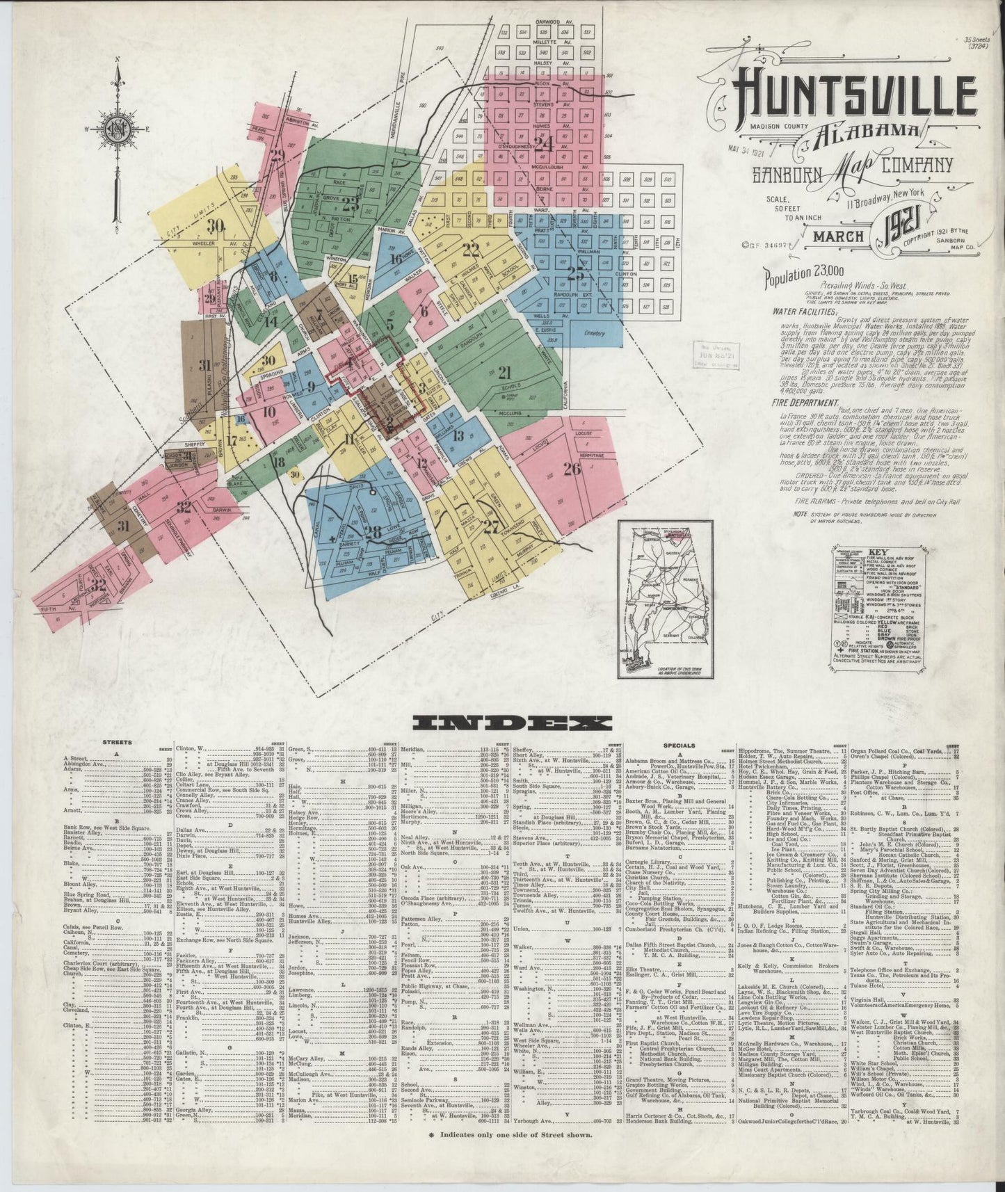 Sanborn Fire Insurance Map from Huntsville, Madison County, Alabama (1921), Sheet #0001 - Historic Sanborn Fire Insurance Map Print, vintage old map wall art, antique decor, genealogy gift, Alabama Alabama map