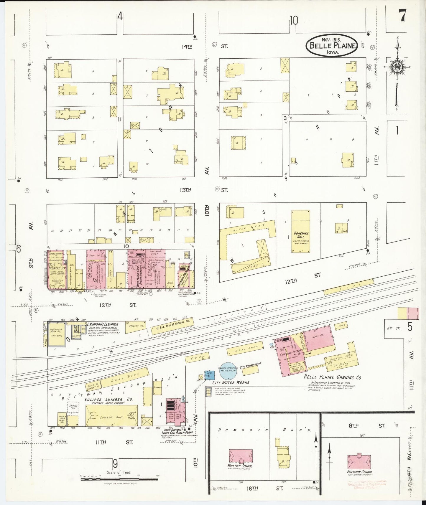 Sanborn Fire Insurance Map from Belle Plaine, Benton County, Iowa (1916), Sheet #0007 - Historic Sanborn Fire Insurance Map Print, vintage old map wall art