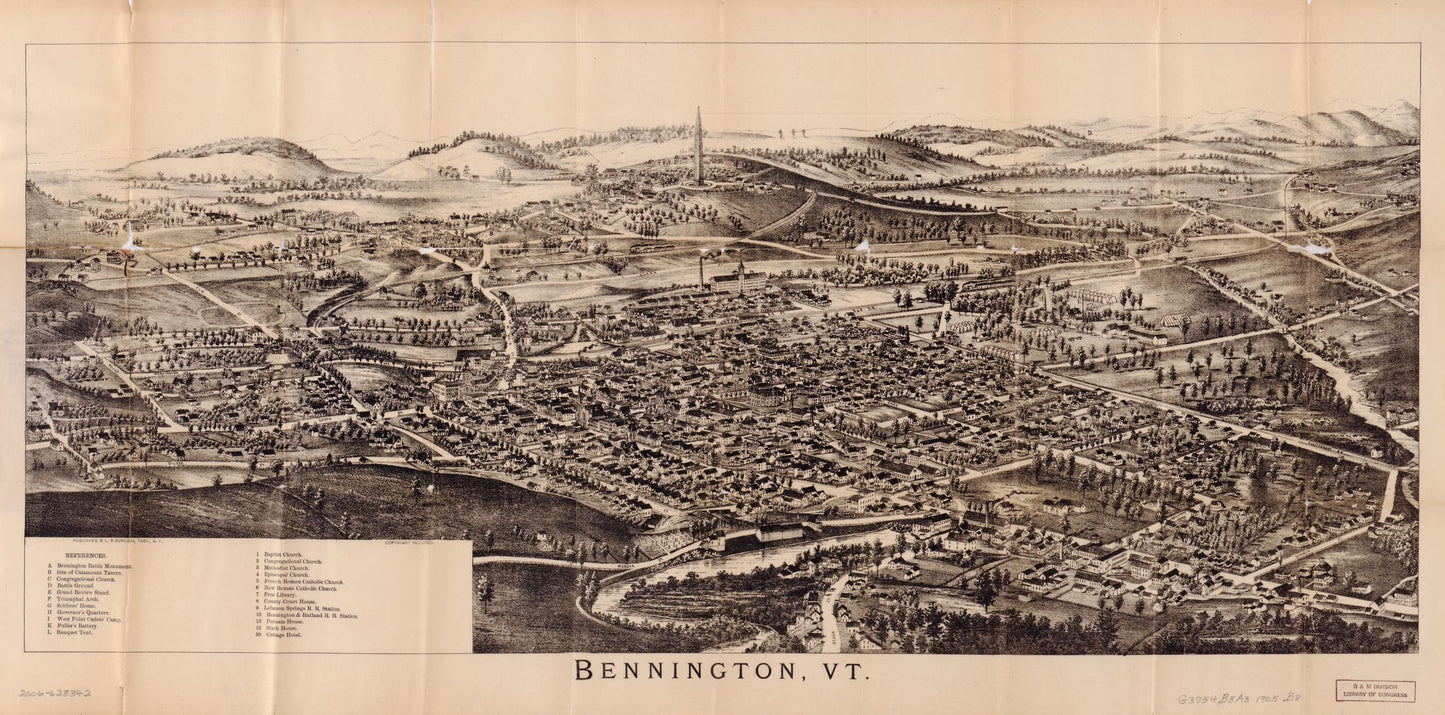 Folded bird's-eye view of Bennington, VT. : showing all points of interest. (1905) – Historic Bird’s-Eye View Panorama Print