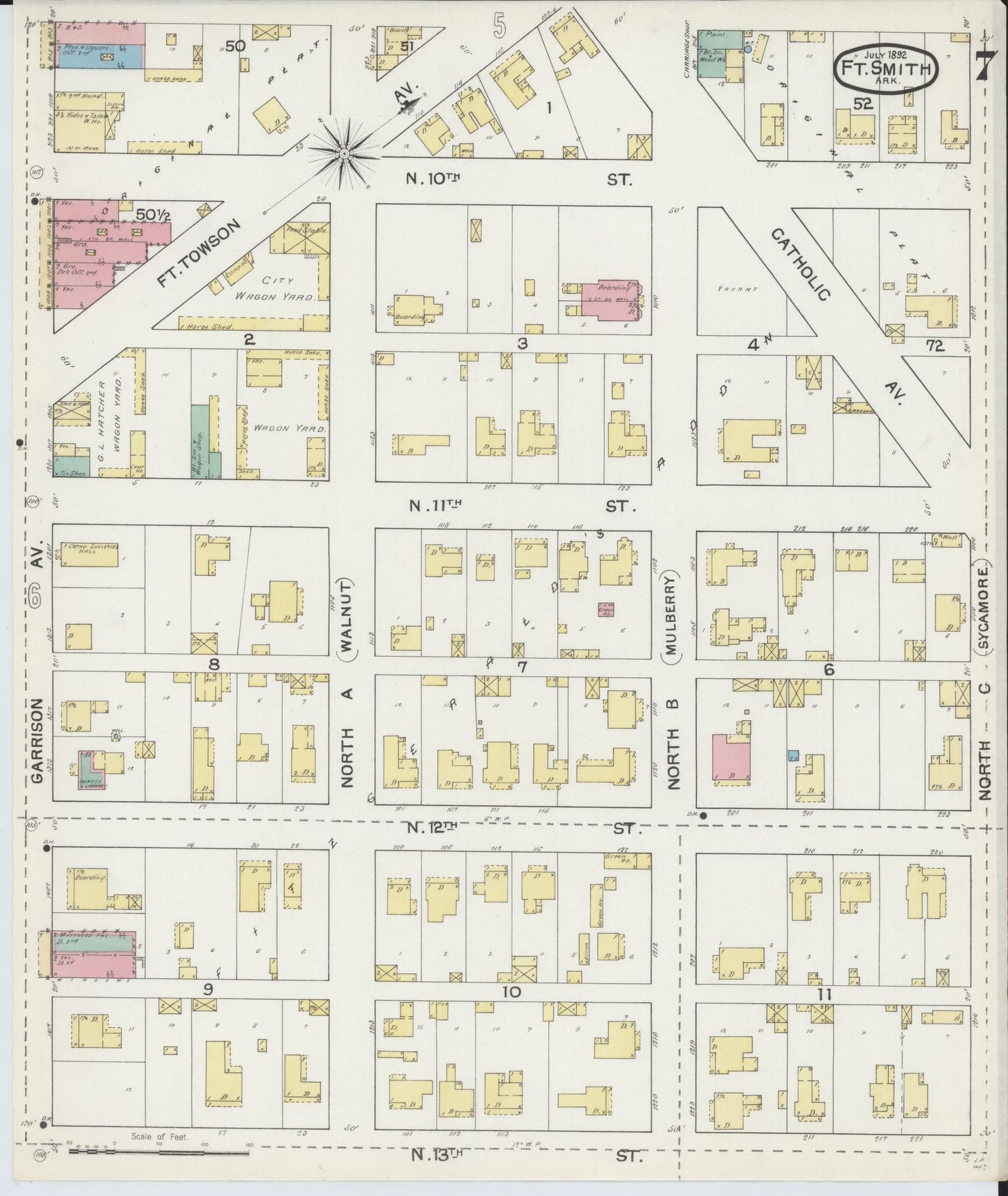 Sanborn Fire Insurance Map from Fort Smith, Sebastian County, Arkansas (1892), Sheet #0007 - Historic Sanborn Fire Insurance Map Print, vintage old map wall art, antique decor, genealogy gift, Arkansas Arkansas map