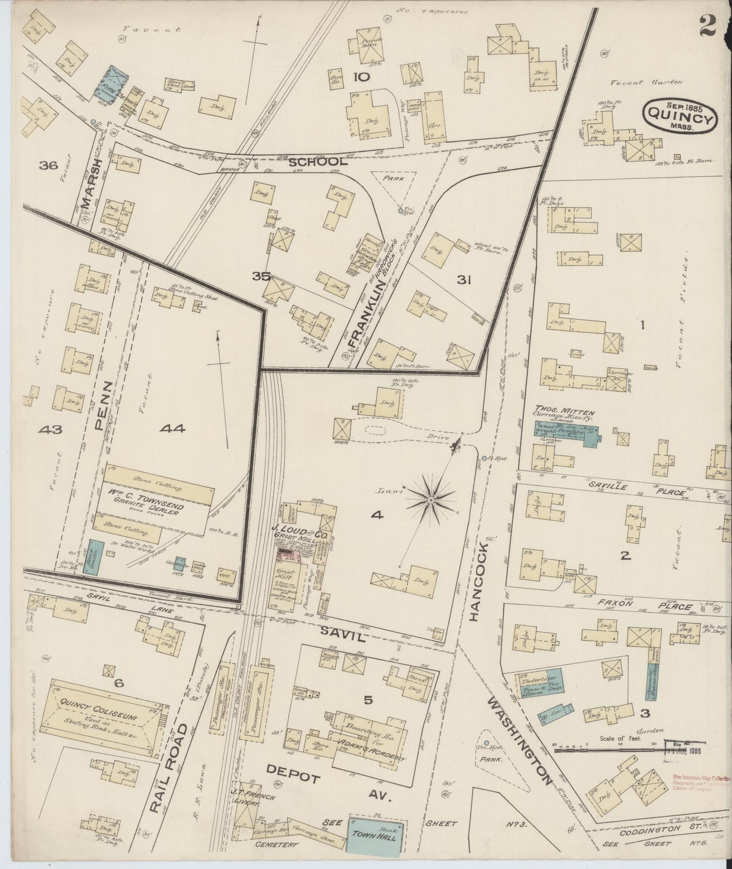 Sanborn Fire Insurance Map from Quincy, Norfolk County, Massachusetts (1885), Sheet #0002 - Historic Sanborn Fire Insurance Map Print, vintage old map wall art, antique decor, genealogy gift, Massachusetts Massachusetts map