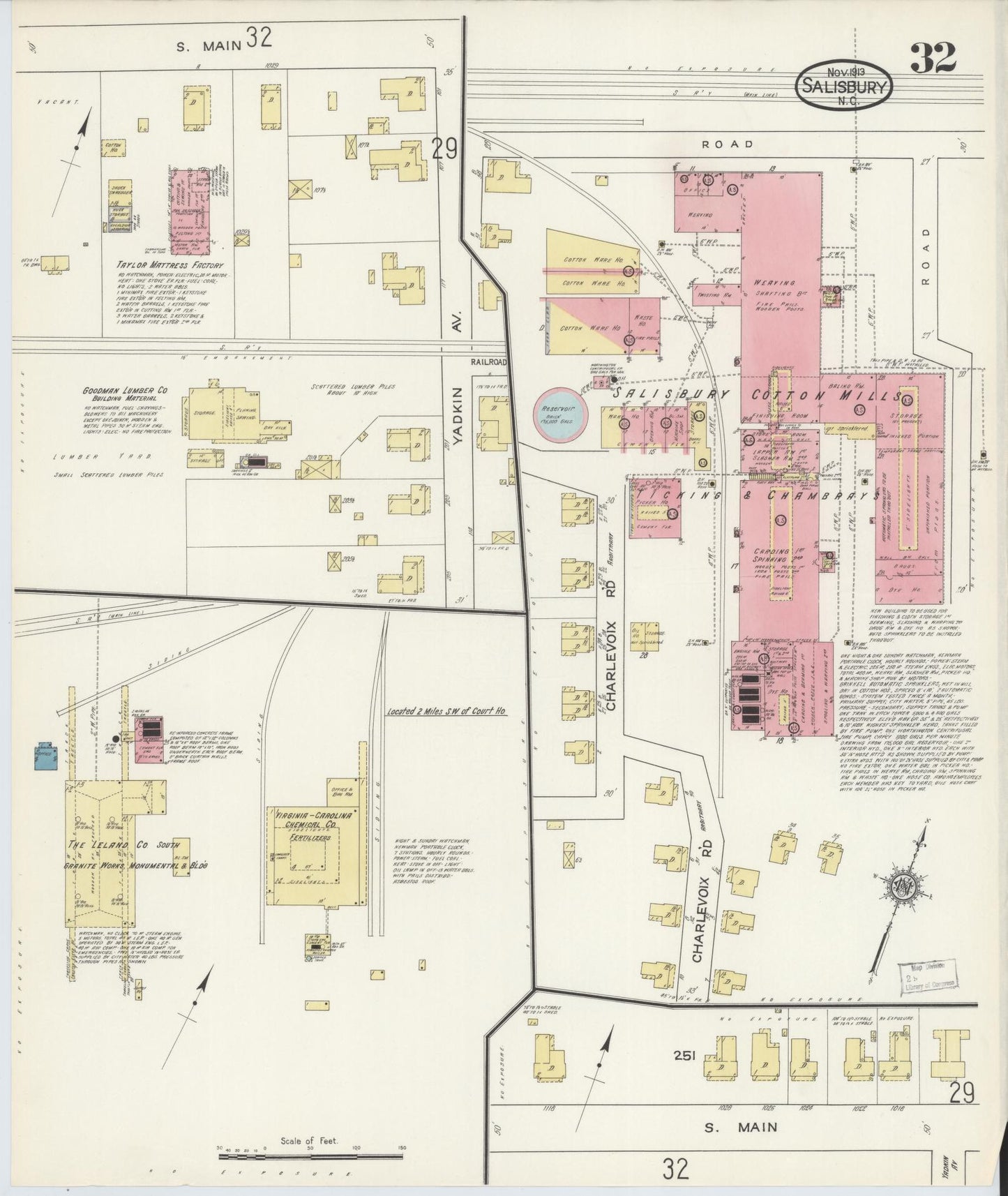 Sanborn Fire Insurance Map from Salisbury, Rowan County, North Carolina (1913), Sheet #0032 - Historic Sanborn Fire Insurance Map Print, vintage old map wall art, antique decor, genealogy gift, North Carolina North Carolina map