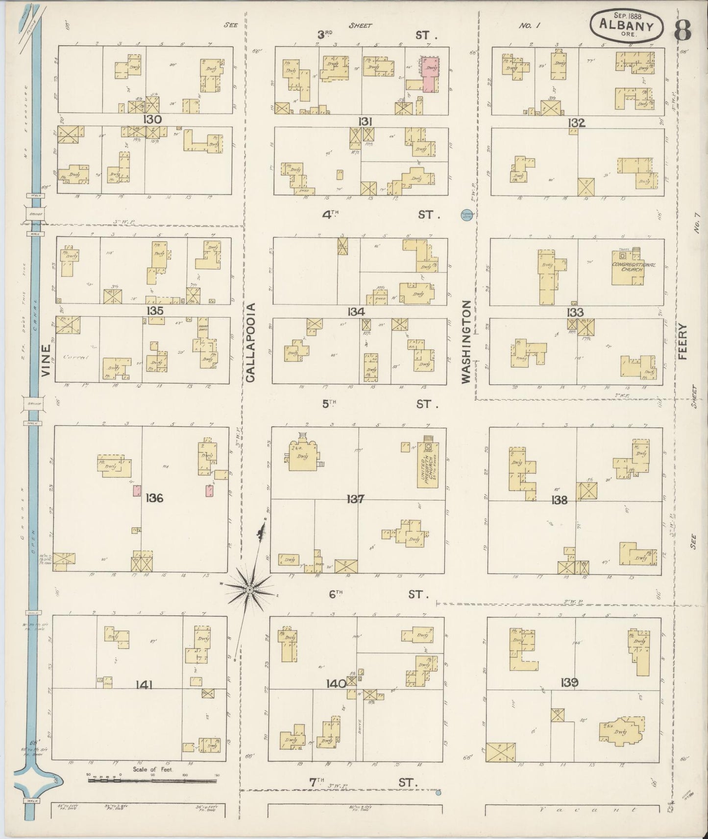 Sanborn Fire Insurance Map from Albany, Linn County, Oregon (1888), Sheet #0008 - Historic Sanborn Fire Insurance Map Print, vintage old map wall art, antique decor, genealogy gift, Oregon Oregon map