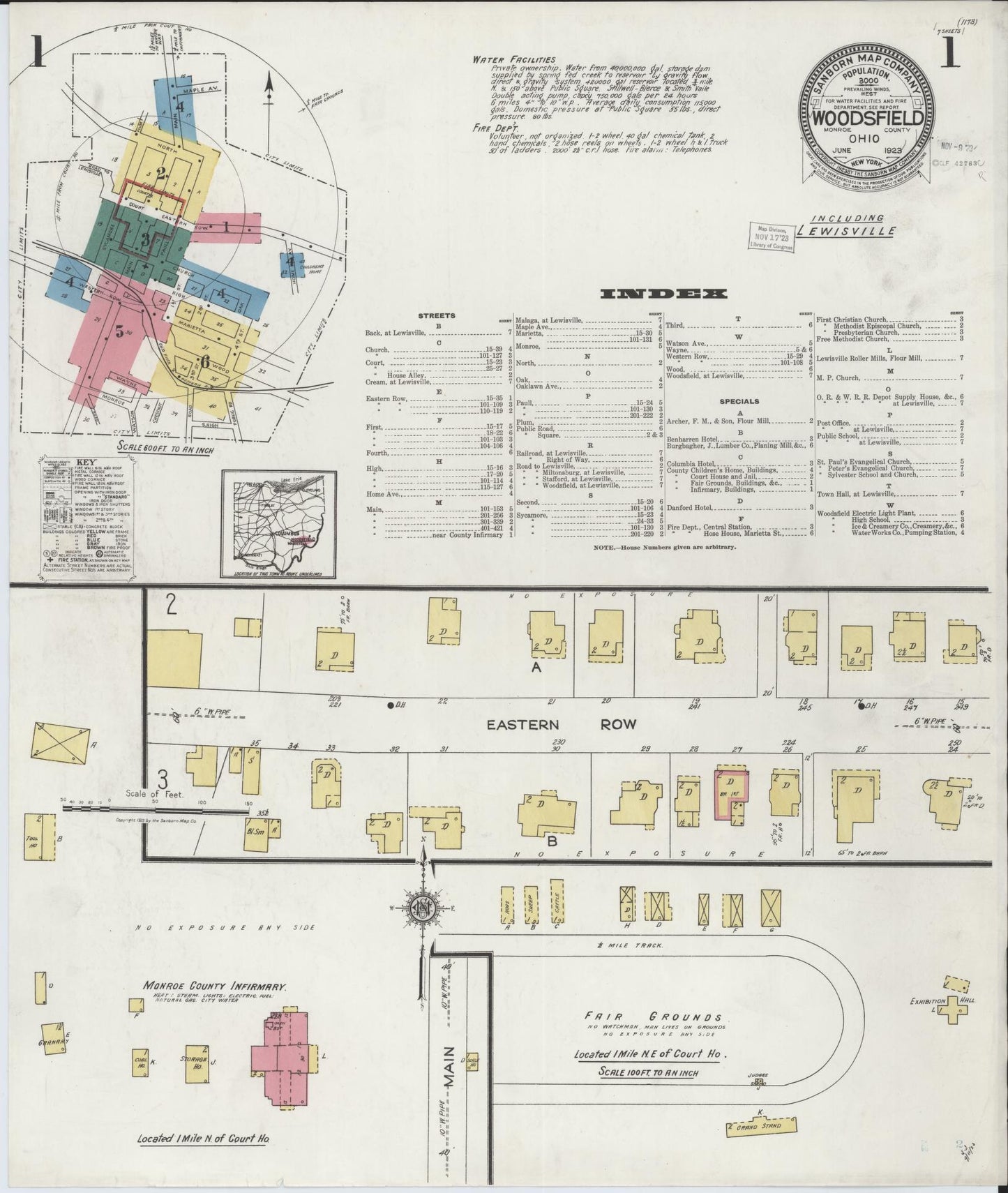 Sanborn Fire Insurance Map from Woodsfield, Monroe County, Ohio (1923), Sheet #0001 - Historic Sanborn Fire Insurance Map Print, vintage old map wall art, antique decor, genealogy gift, Ohio Ohio map