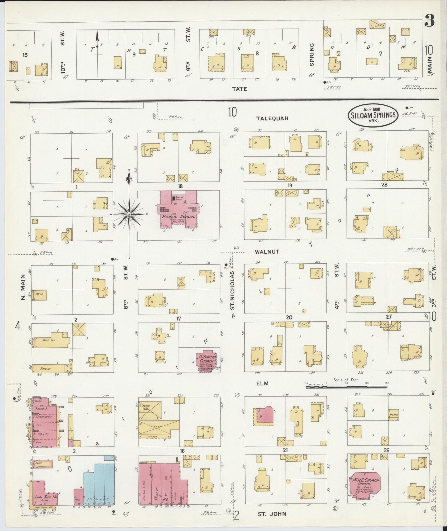 Sanborn Fire Insurance Map from Siloam Springs, Benton County, Arkansas (1908), Sheet #0003 - Historic Sanborn Fire Insurance Map Print, vintage old map wall art, antique decor, genealogy gift, Arkansas Arkansas map