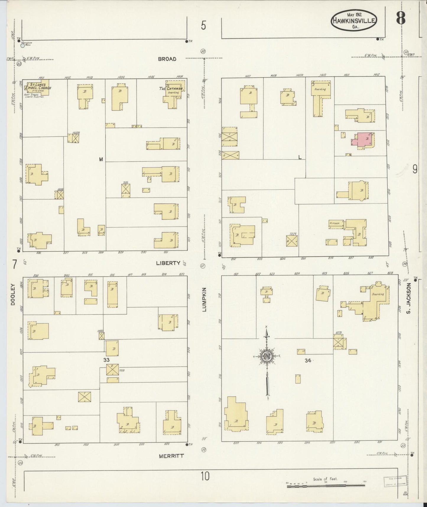 Sanborn Fire Insurance Map from Hawkinsville, Pulaski County, Georgia (1912), Sheet #0008 - Historic Sanborn Fire Insurance Map Print, vintage old map wall art, antique decor, genealogy gift, Georgia Georgia map