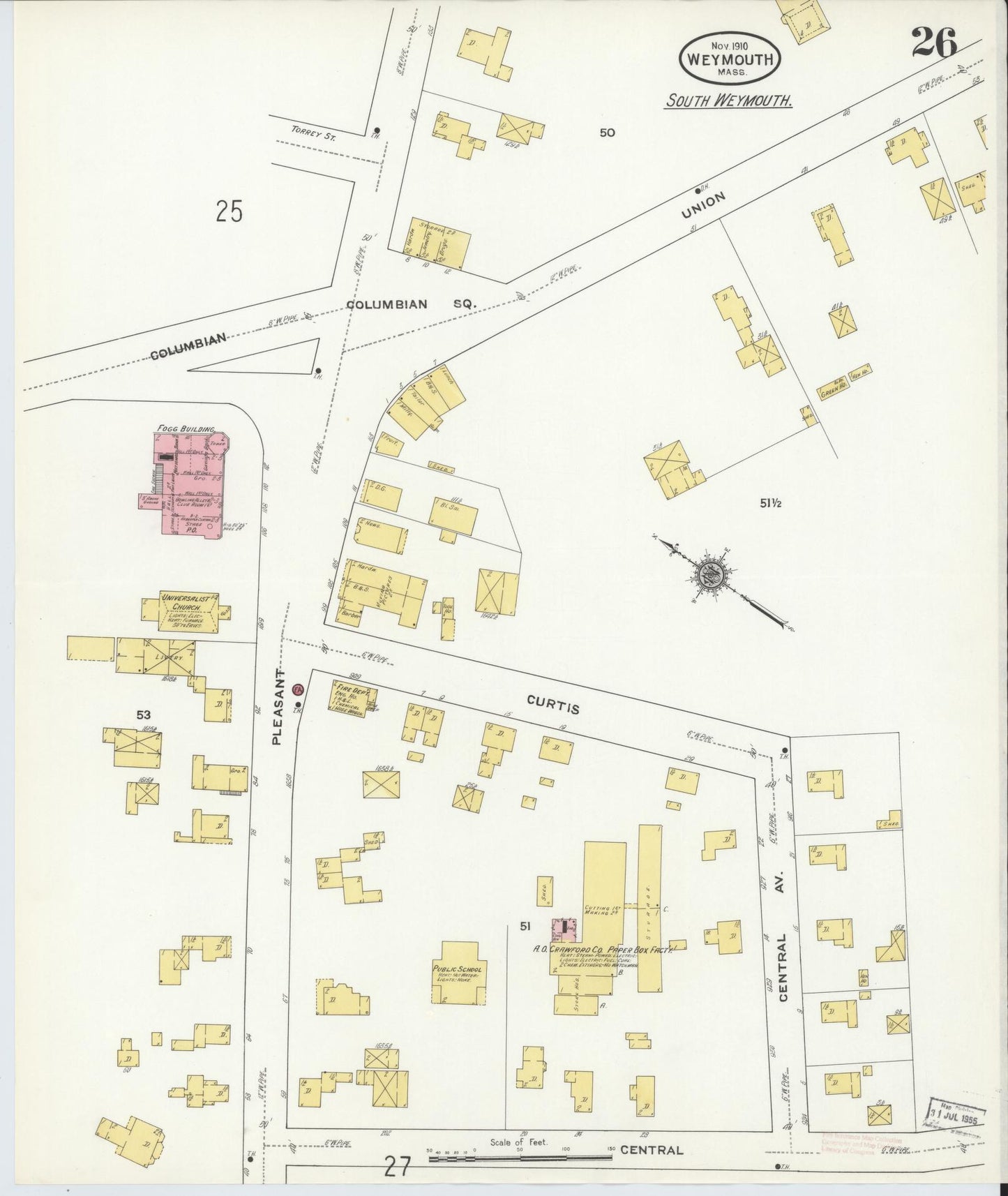 Sanborn Fire Insurance Map from Weymouth, Norfolk County, Massachusetts (1910), Sheet #0026 - Historic Sanborn Fire Insurance Map Print, vintage old map wall art, antique decor, genealogy gift, Massachusetts Massachusetts map