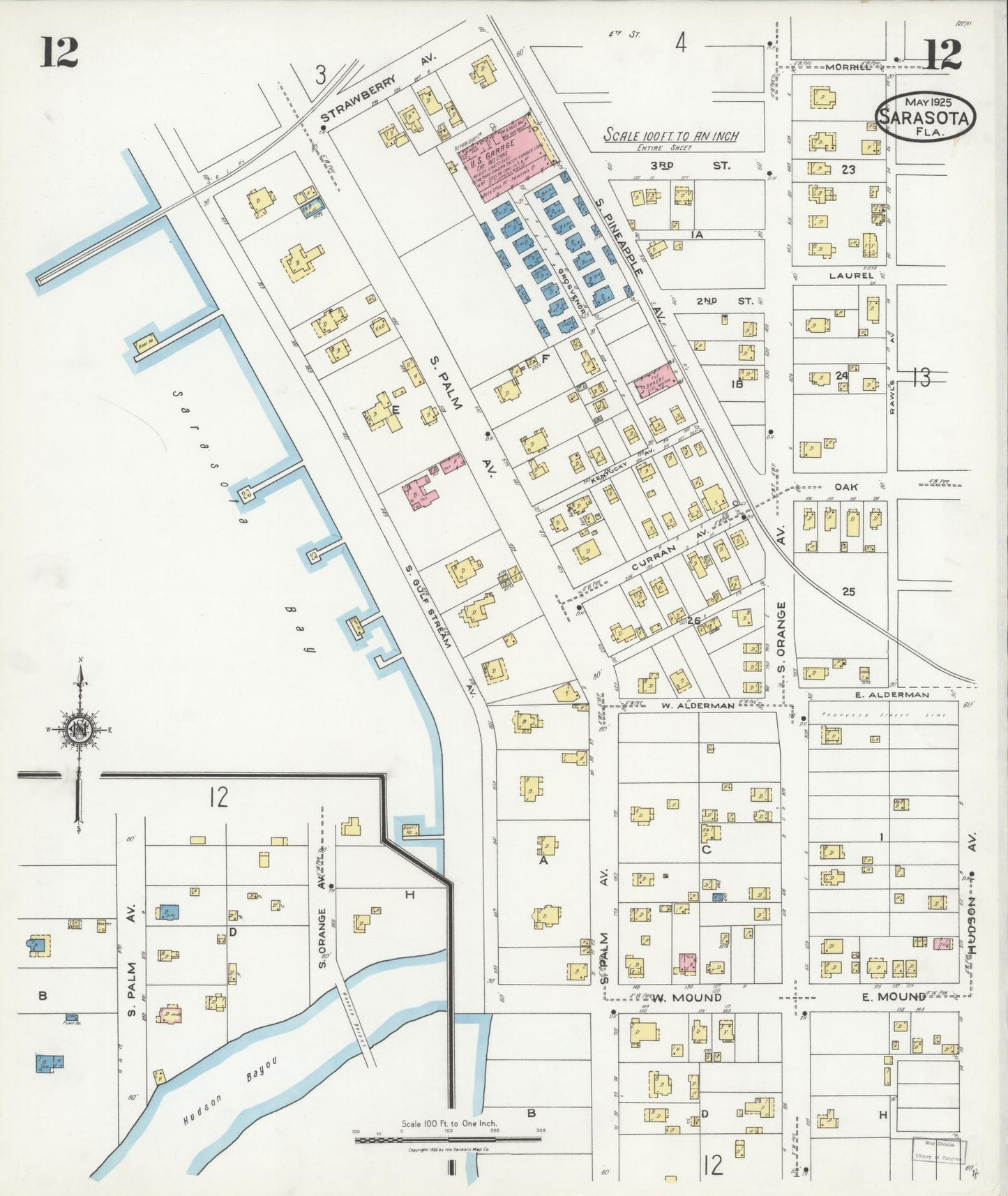 Sanborn Fire Insurance Map from Sarasota, Sarasota County, Florida (1925), Sheet #0012 - Historic Sanborn Fire Insurance Map Print, vintage old map wall art, antique decor, genealogy gift, Florida Florida map