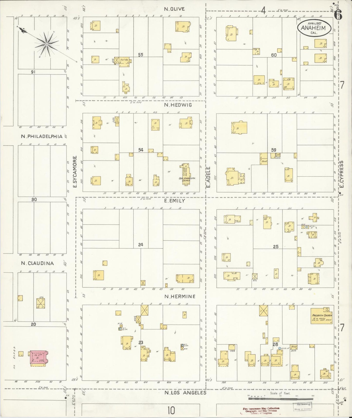 Sanborn Fire Insurance Map from Anaheim, Orange County, California (1907), Sheet #0006 - Historic Sanborn Fire Insurance Map Print, vintage old map wall art, antique decor, genealogy gift, California California map