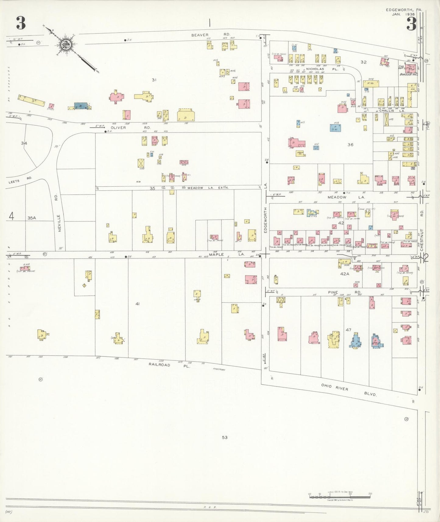 Sanborn Fire Insurance Map from Edgeworth, Allegheny County, Pennsylvania (1938), Sheet #0003 - Historic Sanborn Fire Insurance Map Print, vintage old map wall art, antique decor, genealogy gift, Pennsylvania Pennsylvania map